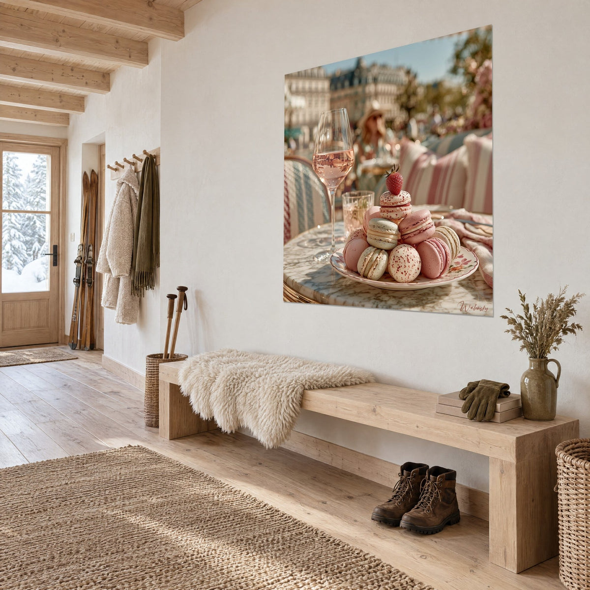 Tableau pyramide de macarons rose poudré et vert amande sur marbre veiné, vue de trois quarts, banc en bois et chalet clair