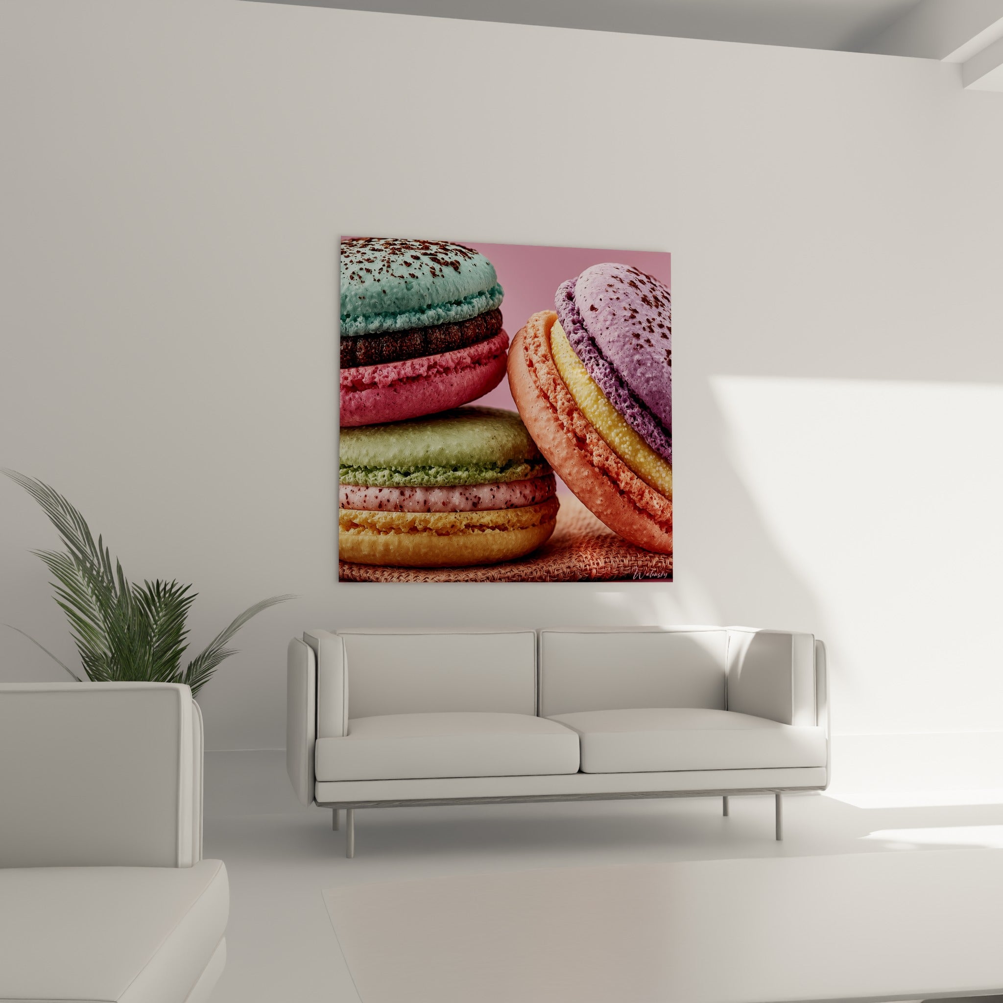 Macarons colorés turquoise et violet au-dessus d'un canapé dans un salon lumineux