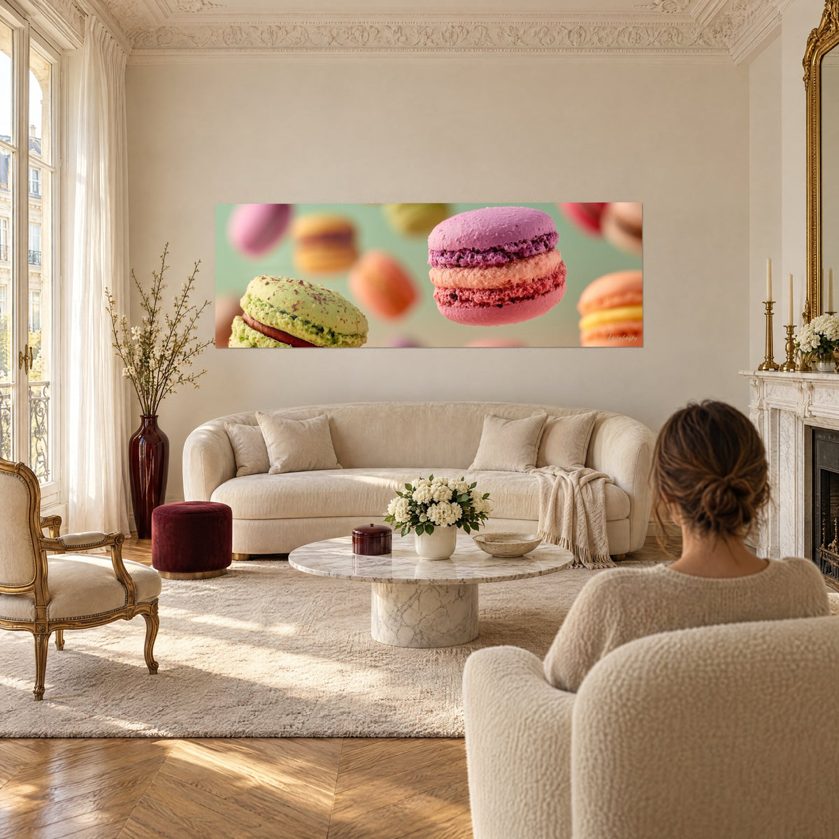 Tableau macaron lilas aux couches framboise suspendu parmi des pistaches vertes, femme de dos, au-dessus d'un canapé dans un salon lumineux
