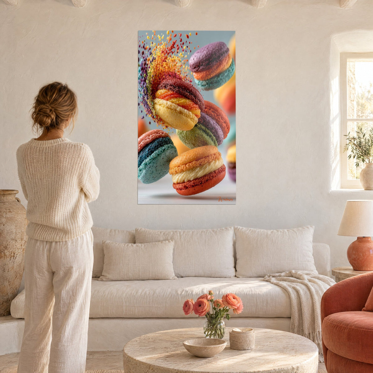 Tableau macarons volants jaune et bordeaux dans un nuage de poudre orange, regardé par une femme, au-dessus d'un canapé dans un salon lumineux