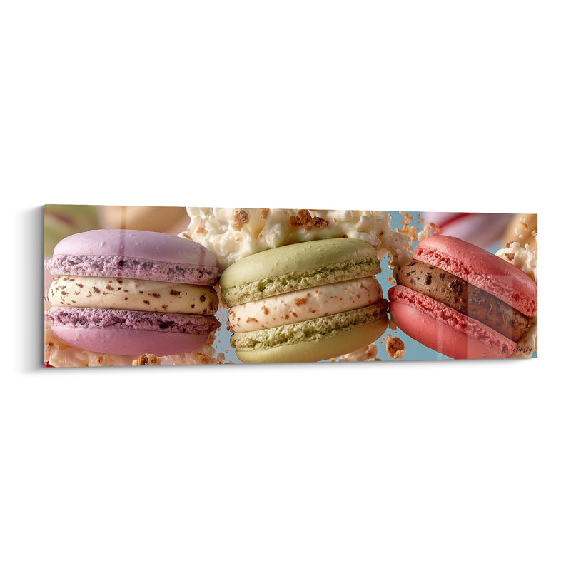Tableau Trio mauve et vert aux garnitures crémeuses - Fond bleu éclaboussé - Edition Macaron