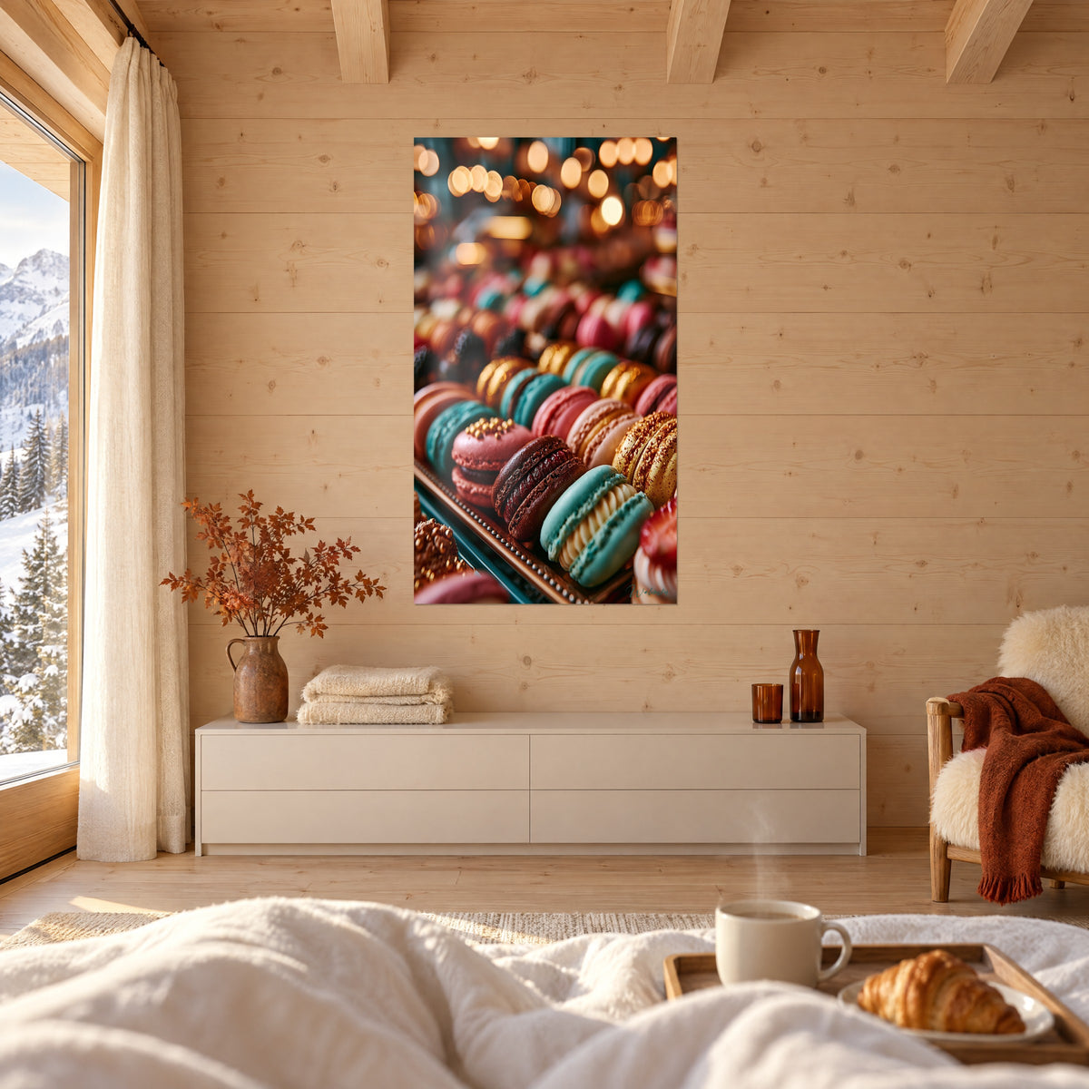 Cuadro escaparate de macarons rosa y turquesa, bokeh ámbar, frente a montañas nevadas, sobre una cama en un dormitorio luminoso