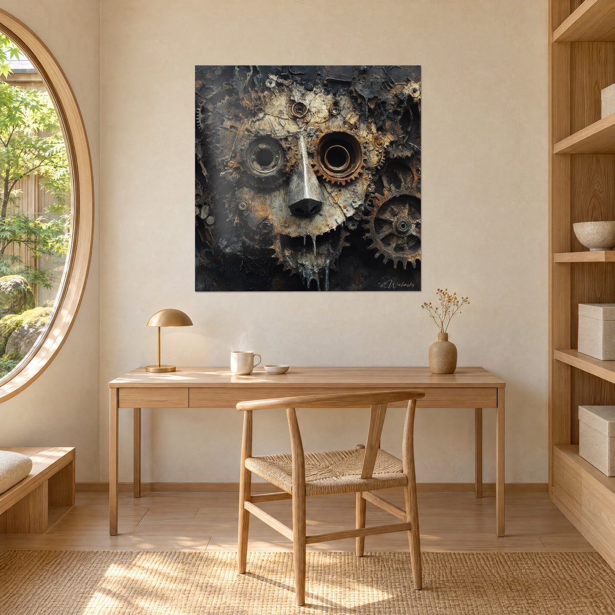Schilderij gezicht van geoxideerde wielen met zwarte oogkassen omlijst met brons, stalen neus, opgehangen boven een bureau van licht hout