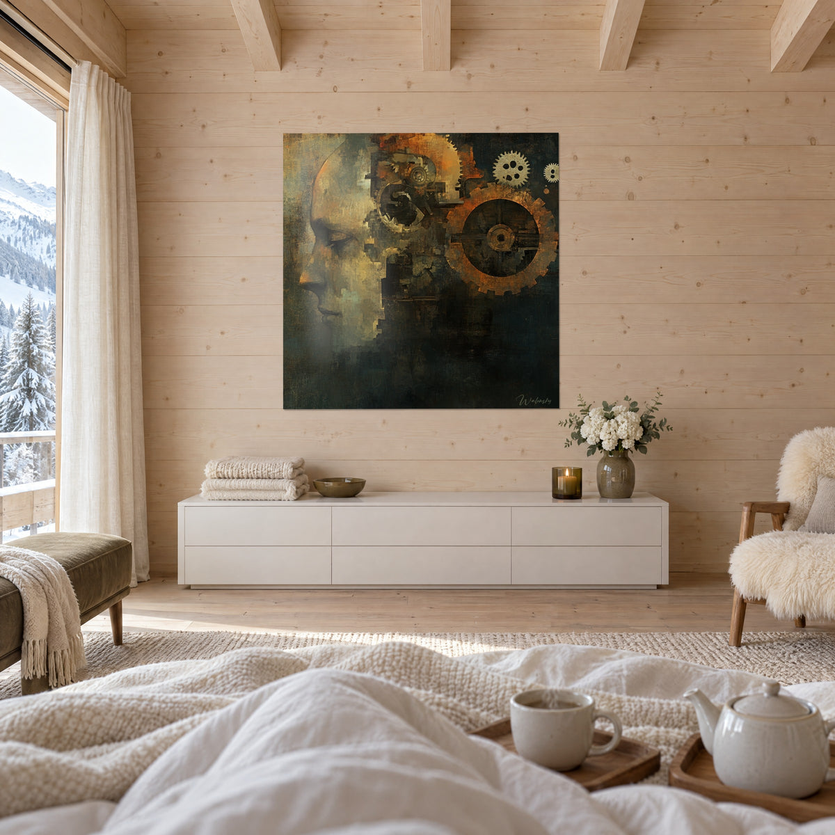Schilderij cyborg in profiel, verroest oranje tandwiel en bruin pixelmozaïek, boven een bed in een lichte slaapkamer