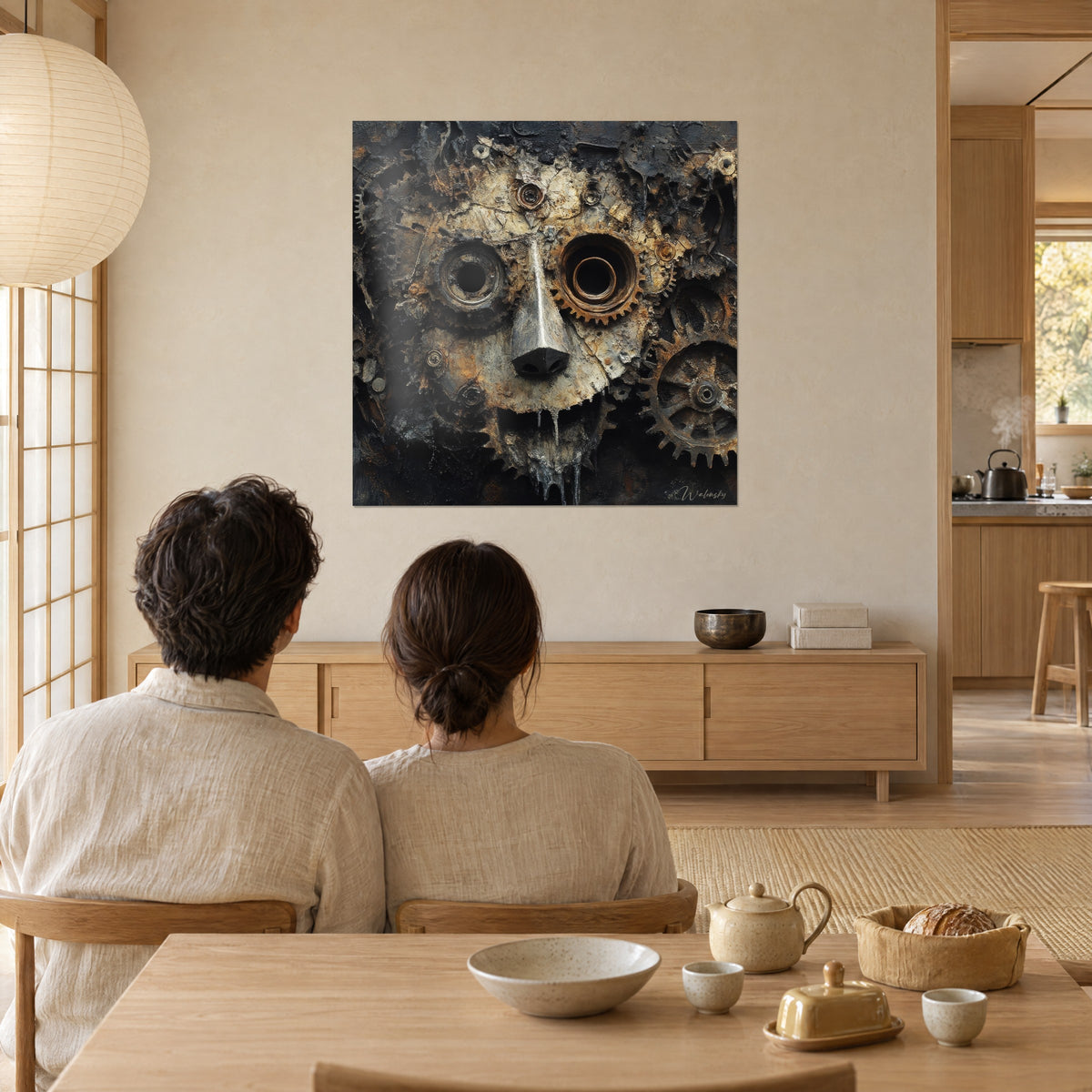 Schilderij hoofd van een verroeste automaat met bruinkoperen tandwielen, ronde schroeven en zwarte achtergrond, bekeken door een koppel dat met de rug naar ons aan tafel zit