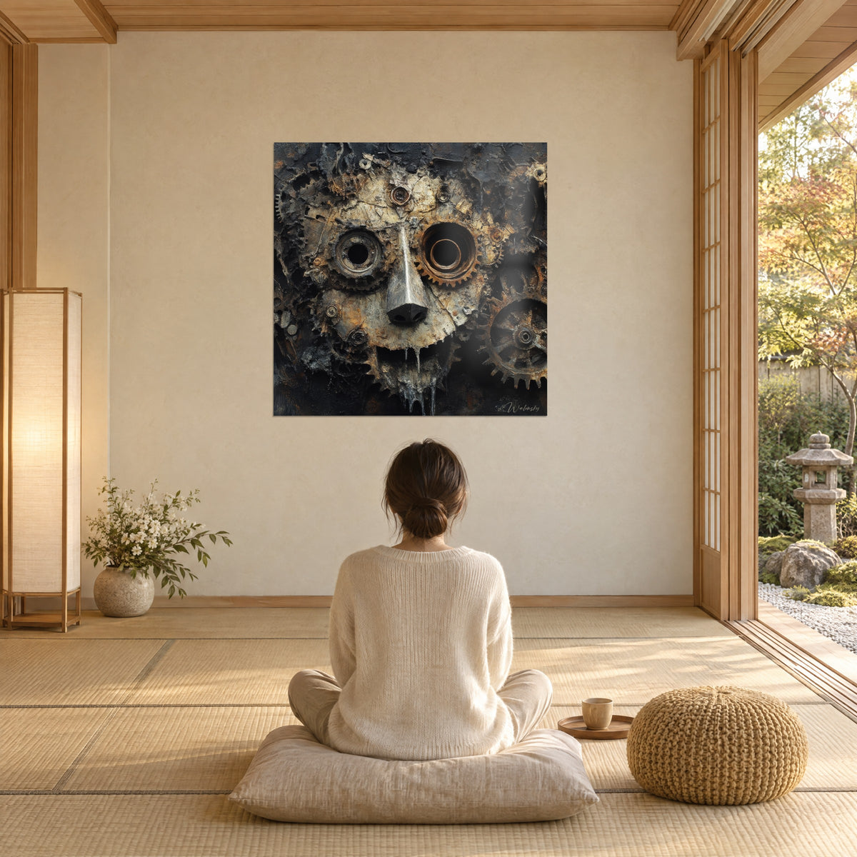 Schilderij mechanische figuur van gecorrodeerd metaal, gepatineerd beige en diep zwart, bewonderd door een vrouw die van achteren in kleermakerszit op een kussen zit
