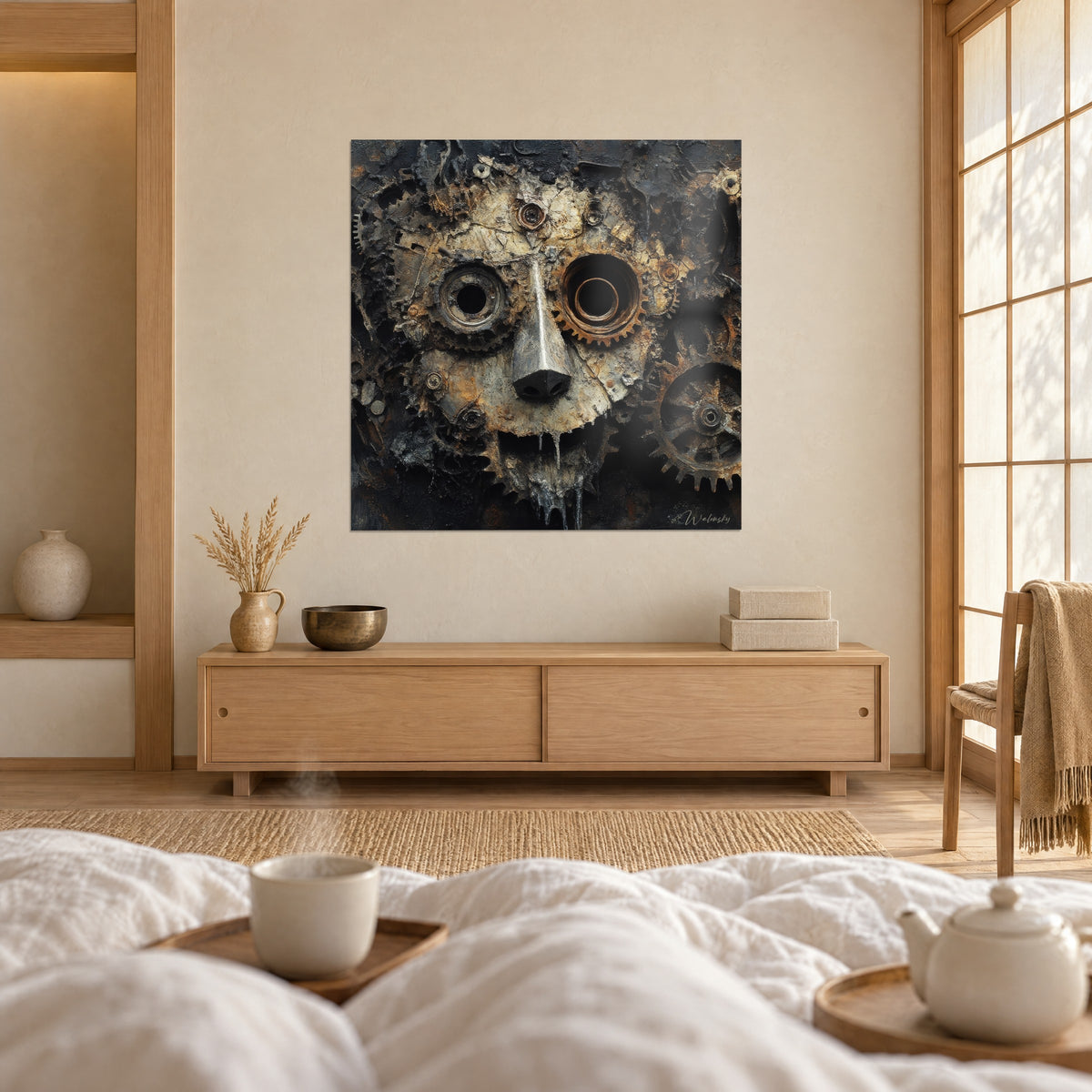 Schilderij steampunk-portret van een mens-machine met koperen tandwielen en zilveren neus, koppel van achteren gezien, boven een bed in een lichte slaapkamer
