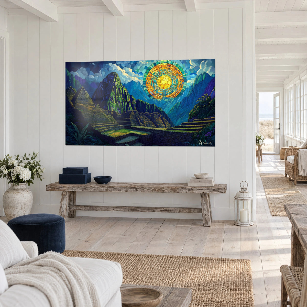 Wall art Inca citadel with moss-green stone terraces, amber sun disc on a blue background, hung above a rough wooden bench