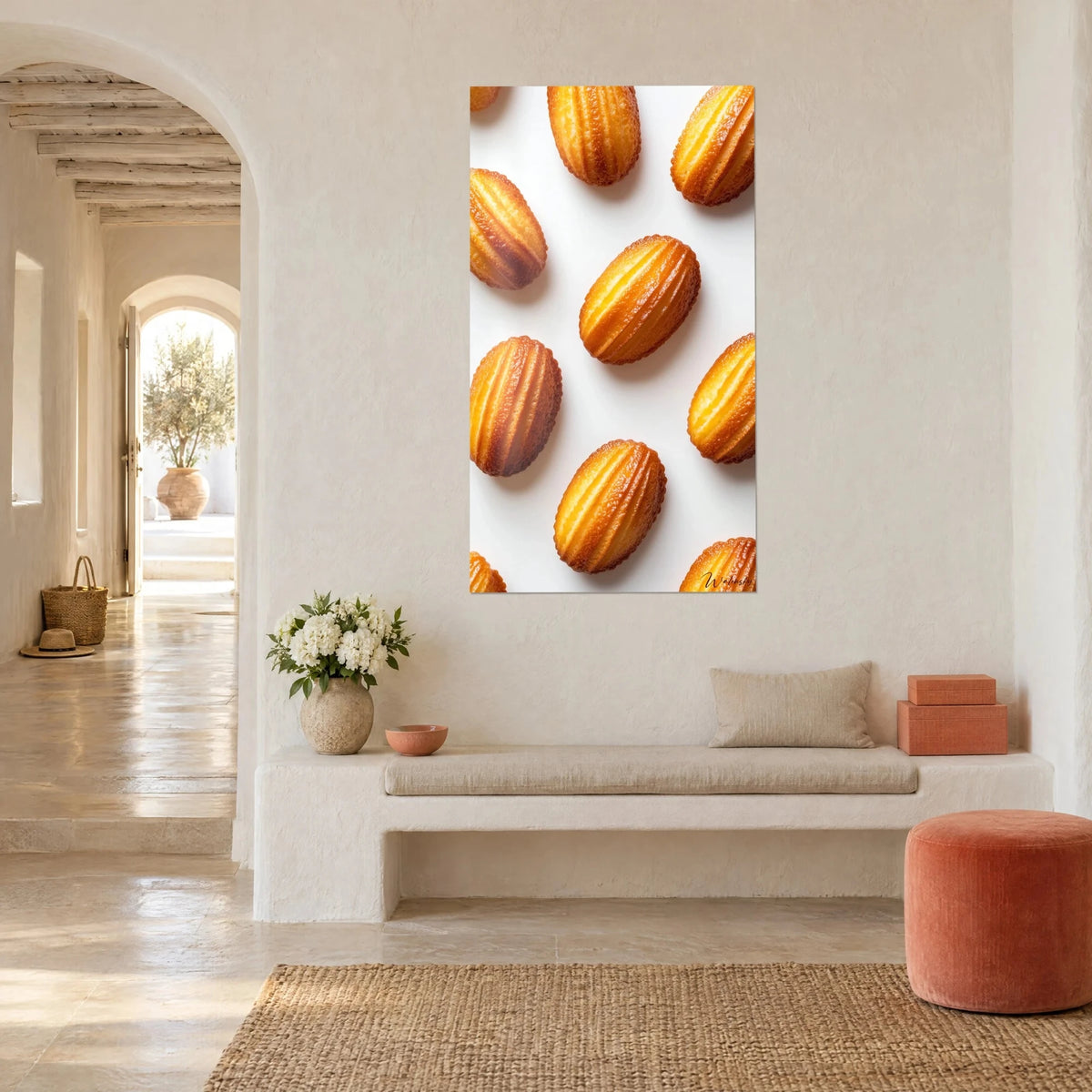 Wall art shell cakes in caramel and butter yellow, staggered arrangement, vertical frame, whitewashed lime wall, alcove banquette