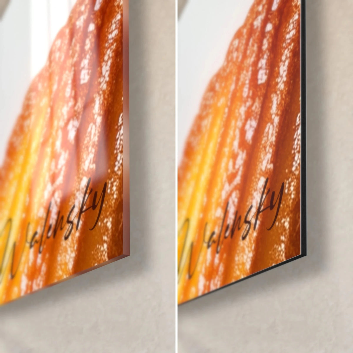 Wall art amber madeleine with copper-toned ridges, bottom right corner: glossy acrylic glass on the left, matte Dibond on the right, 3 mm edge