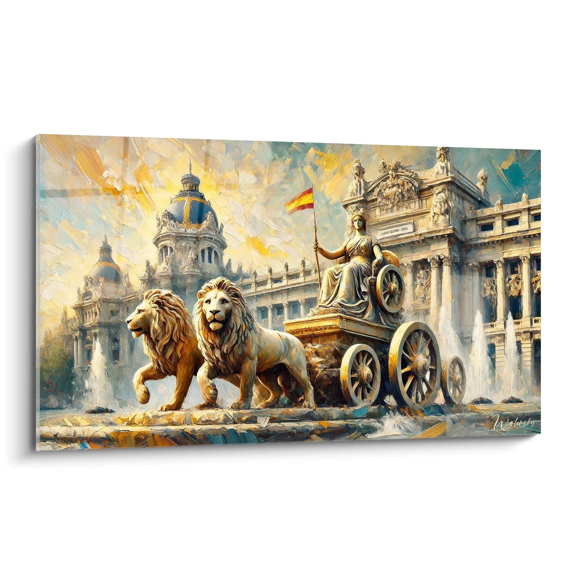 tableau Madrid vu de biais dorures lumineuses refletant le coucher de soleil ciel nuance de bleu et blanc fontaine de Cybele majestueuse capturant l essence neoclassique et le charme historique

