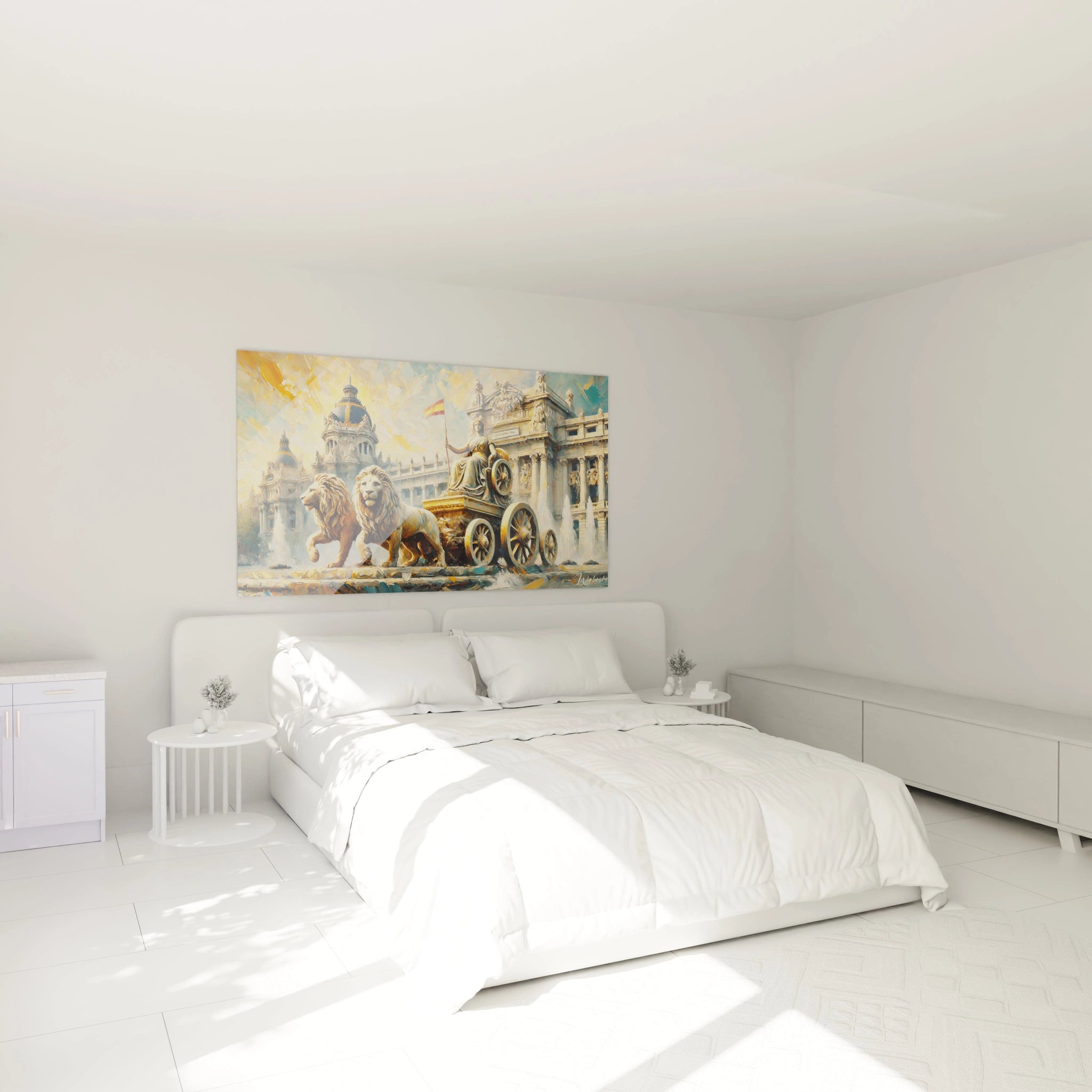 tableau Madrid suspendu dans une chambre au dessus du lit ambiance apaisante teintes dorees et bleues architecture espagnole elegante refletant la majestuosite de la fontaine de Cybele

