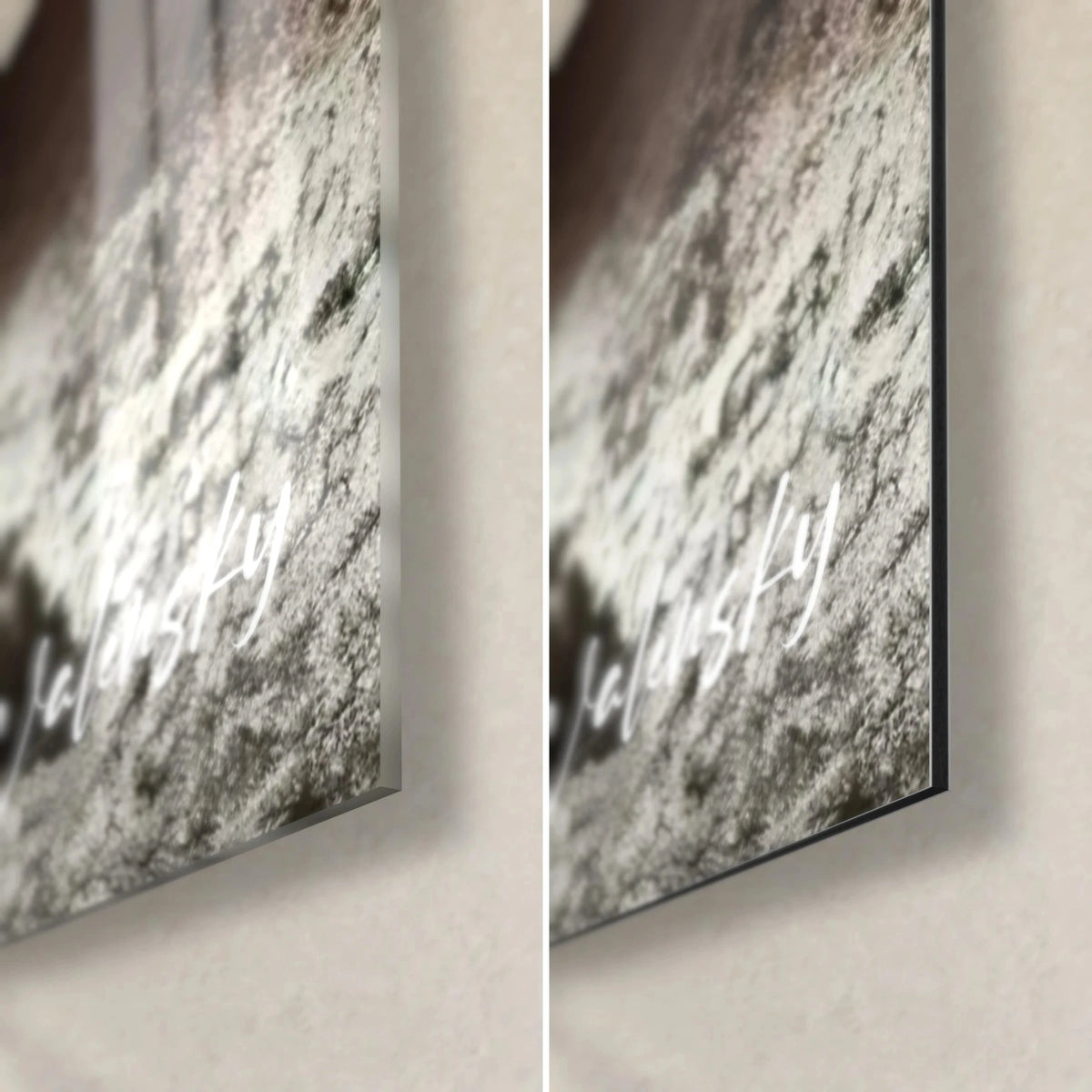 Tableau déflagration de cacao brun et blanc, coin bas droit : verre acrylique brillant à gauche, alu Dibond mat à droite, tranche de 3 mm