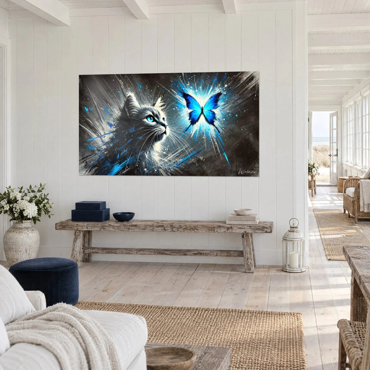 Wall art dazzling azure butterfly in a white halo, grey tabby cat with fine whiskers, three-quarter view above a rustic bench
