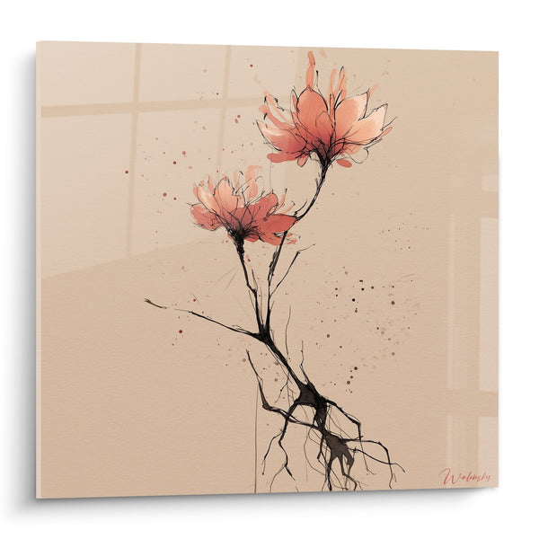 Tableau fleurs de magnolia corail sur fond beige avec racines expressives - Élégance florale - Edition Ikebana