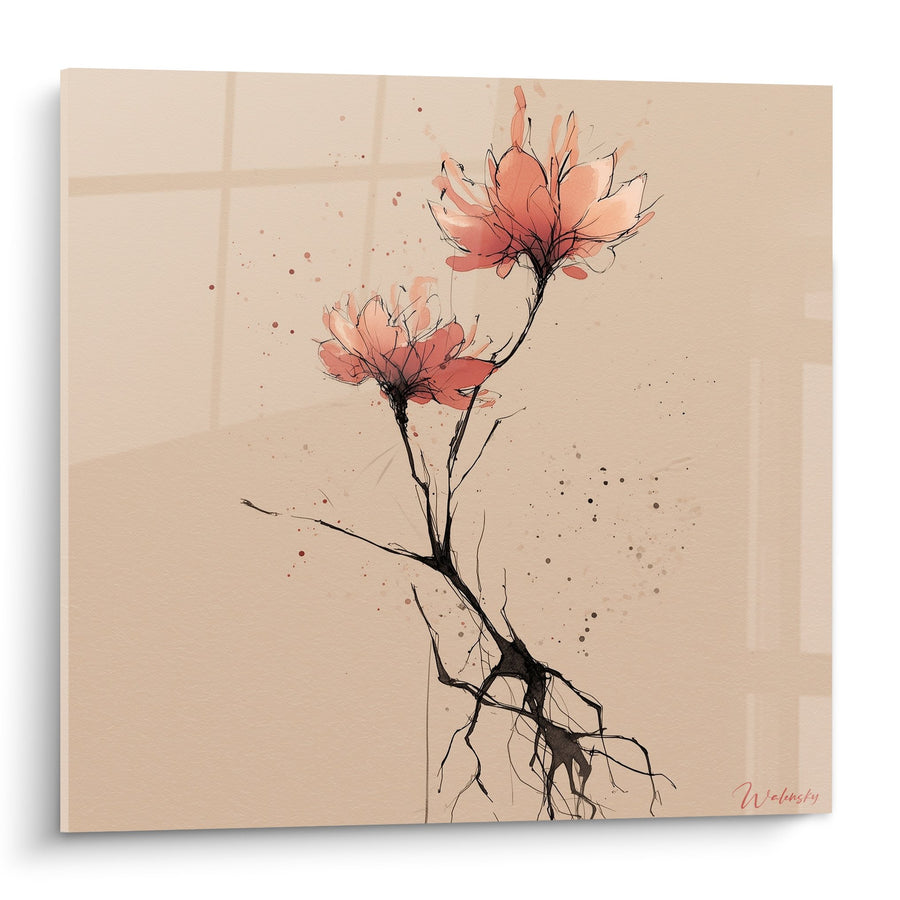 Tableau fleurs de magnolia corail sur fond beige avec racines expressives - Élégance florale - Edition Ikebana