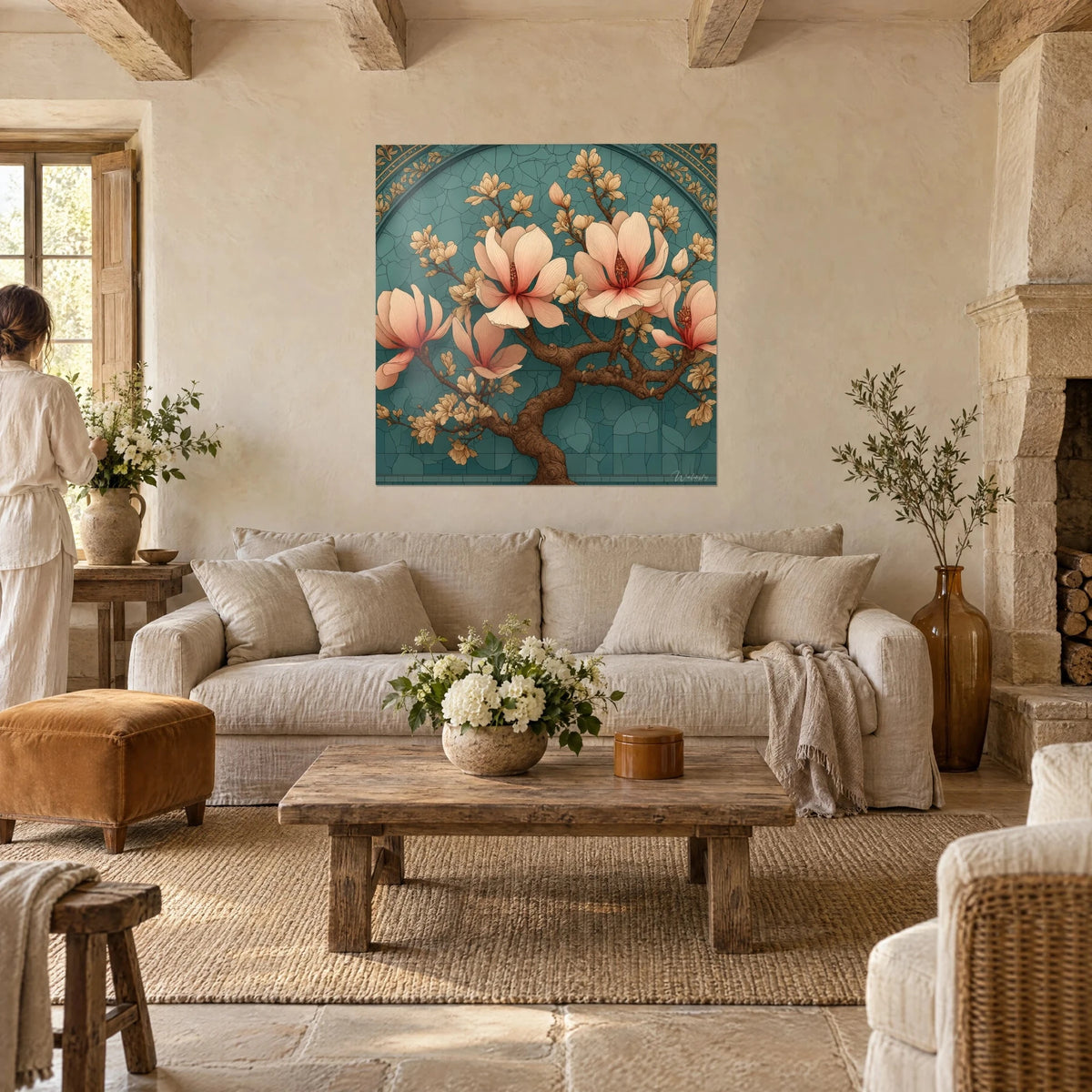Tableau magnolia aux grandes fleurs rose pâle et carmin sur fond turquoise craquelé, deux personnes de dos au-dessus d'un canapé dans un salon lumineux