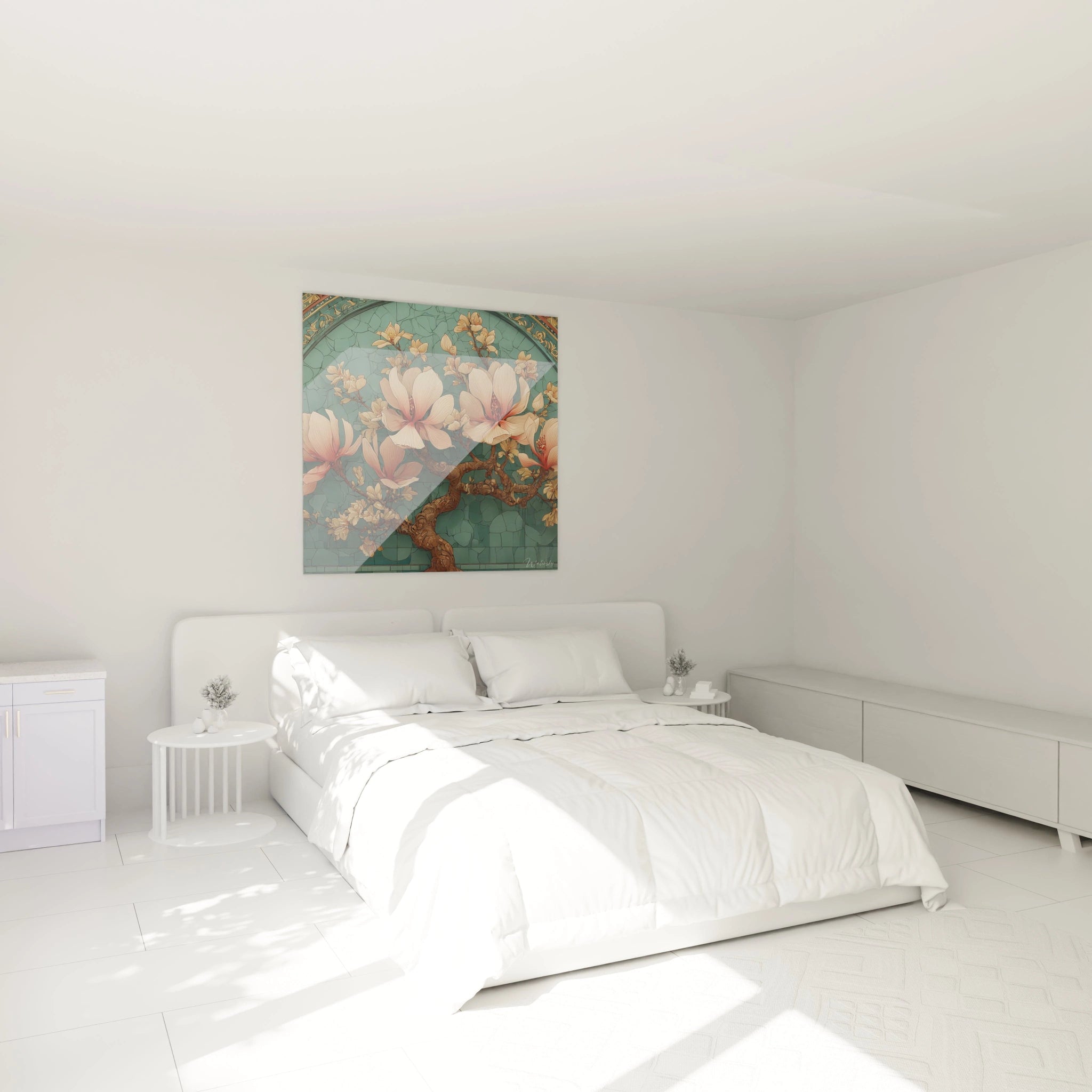 tableau art nouveau magnolia Walensky accroche au mur au dessus d un lit dans une chambre blanche minimaliste