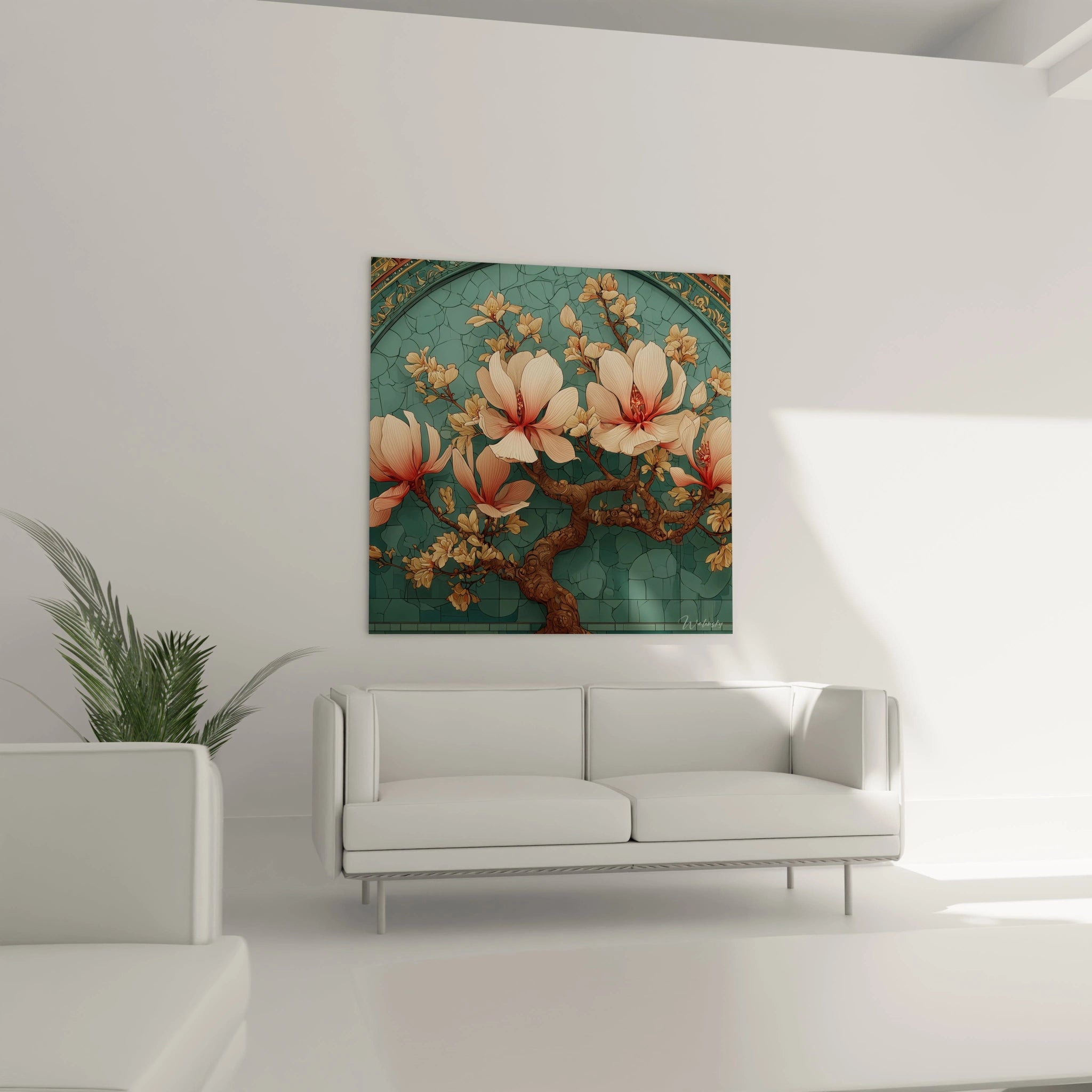 tableau art nouveau magnolia Walensky tableau mural carre avec branche de magnolia blanc et fleurs sur fond turquoise