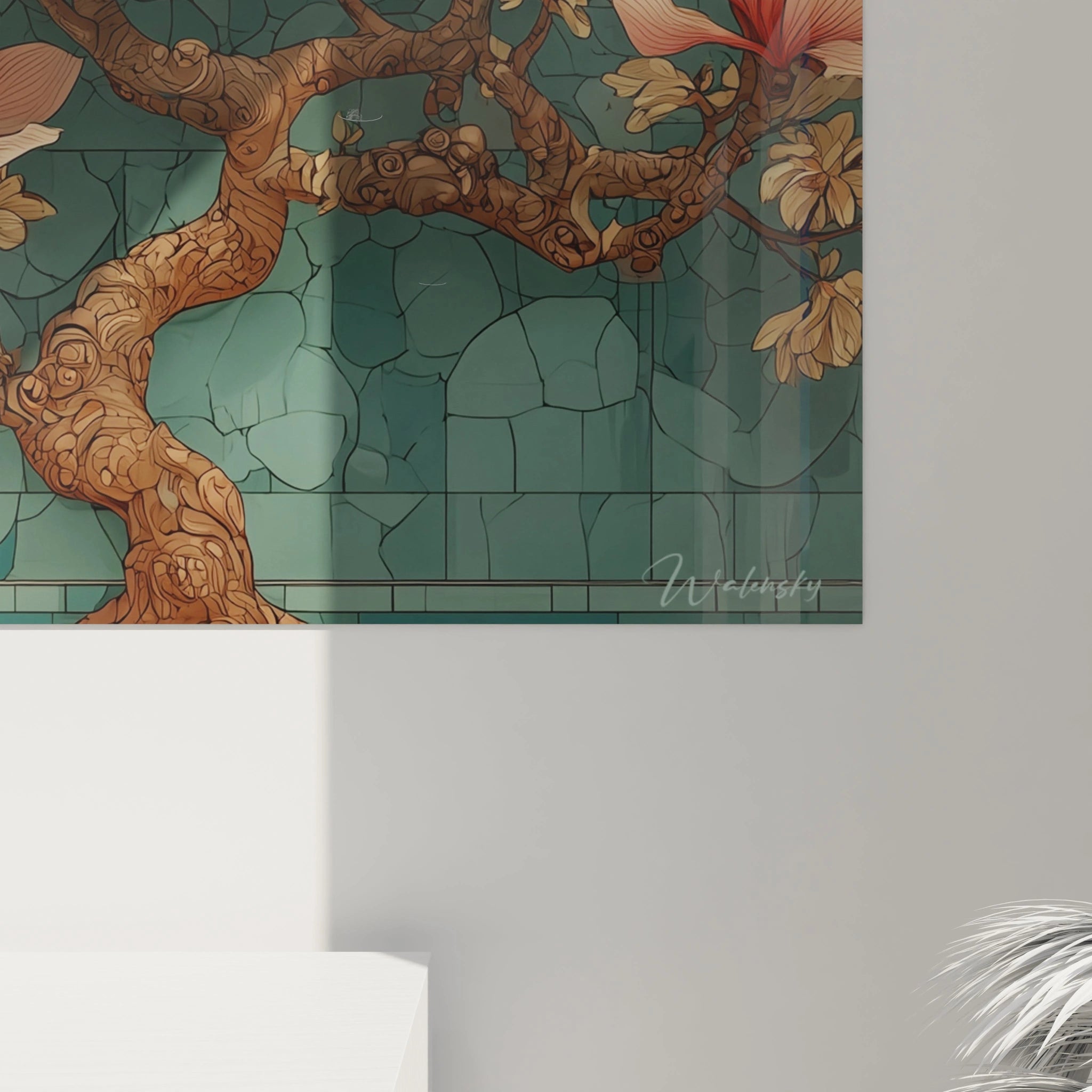 tableau art nouveau magnolia Walensky tableau mural branche de magnolia stylisée sur fond vert mosaïque