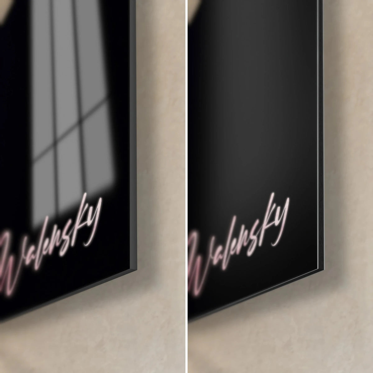 Wall art of a pale pink magnolia on a black background, bottom right corner: glossy acrylic glass on the left, matte black Dibond on the right
