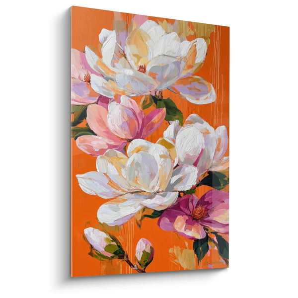 Schilderij Witte en roze magnolia's op een levendig oranje achtergrond - Bloemige elegantie - Feng shui Zuidwest Aarde Editie