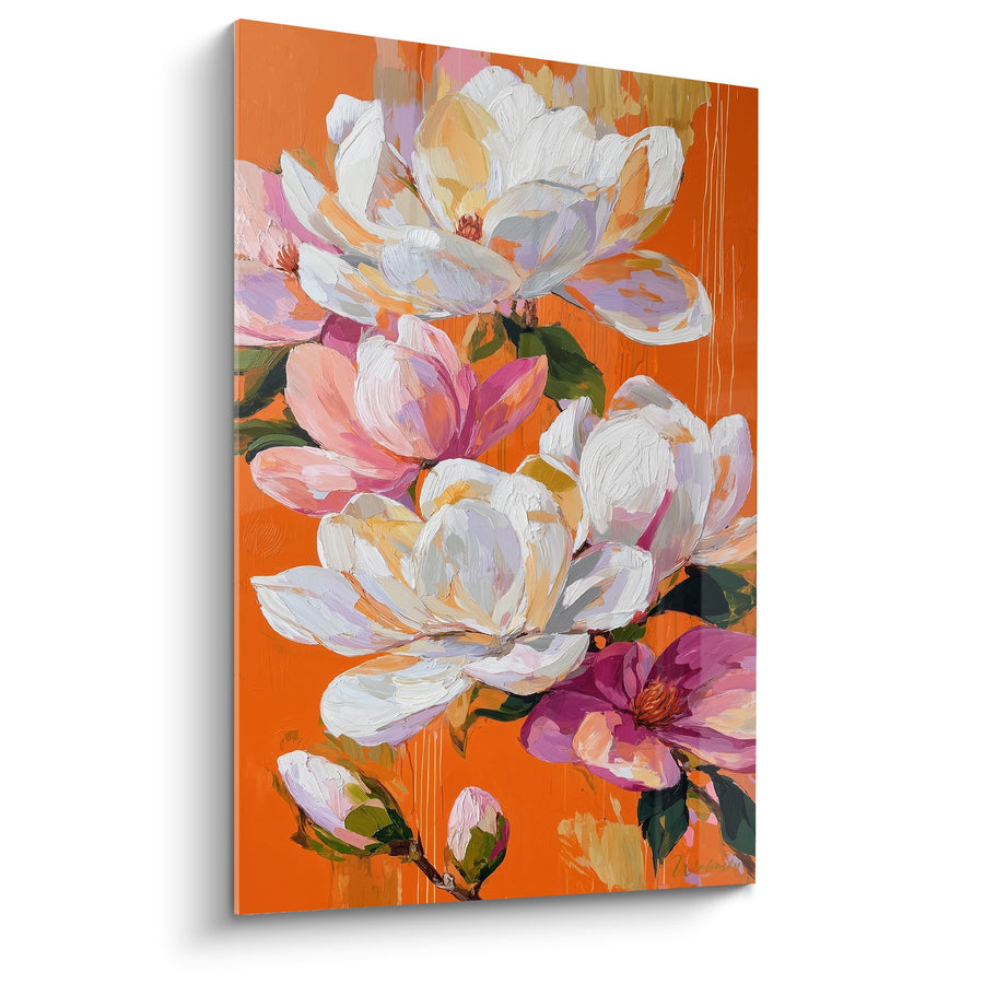 Tableau Magnolias blancs et roses sur fond orange vibrant - Élégance florale - Edition Feng shui Sud-Ouest Terre