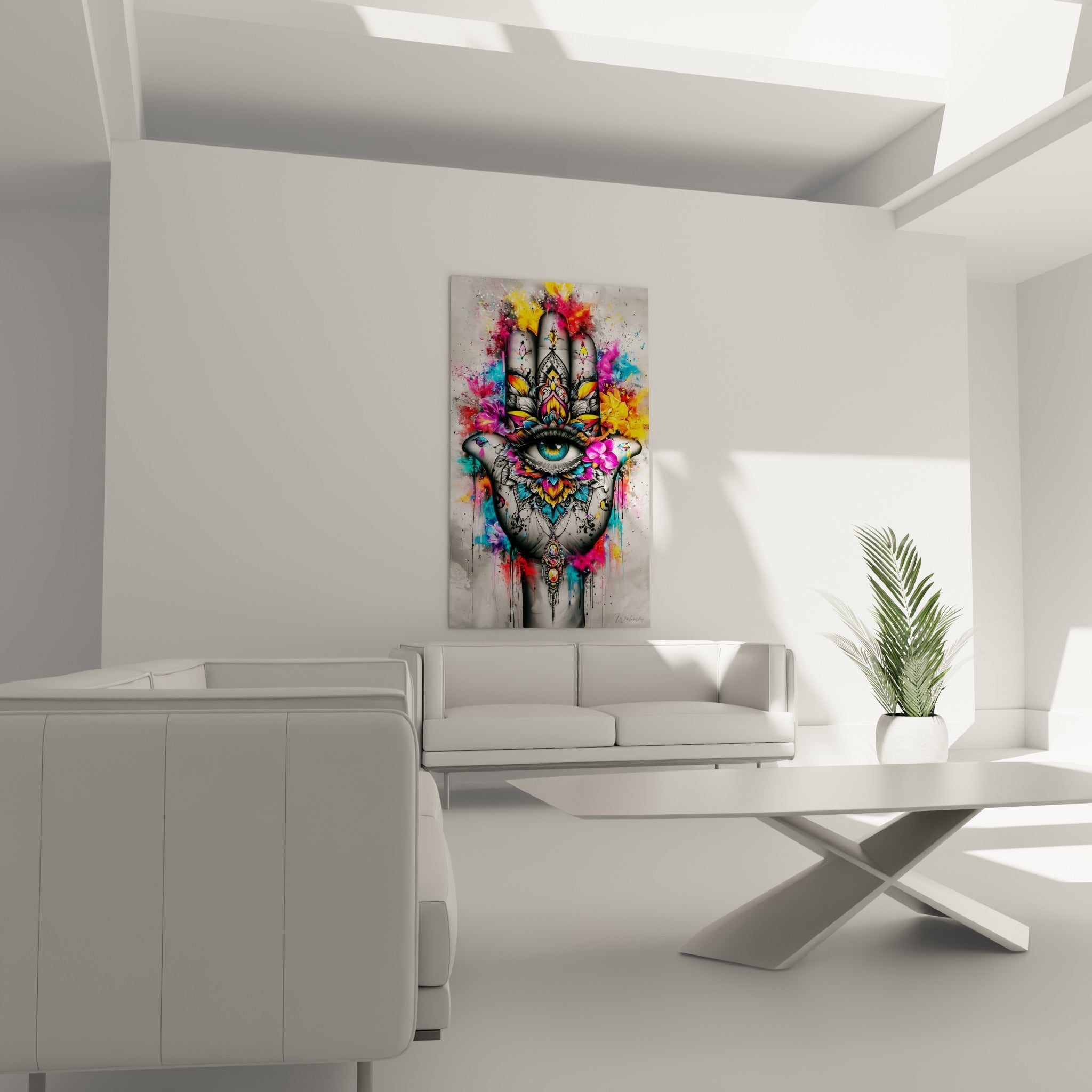 Symbole protecteur aux couleurs anthracite et turquoise disposé au-dessus d'un canapé dans un salon lumineux