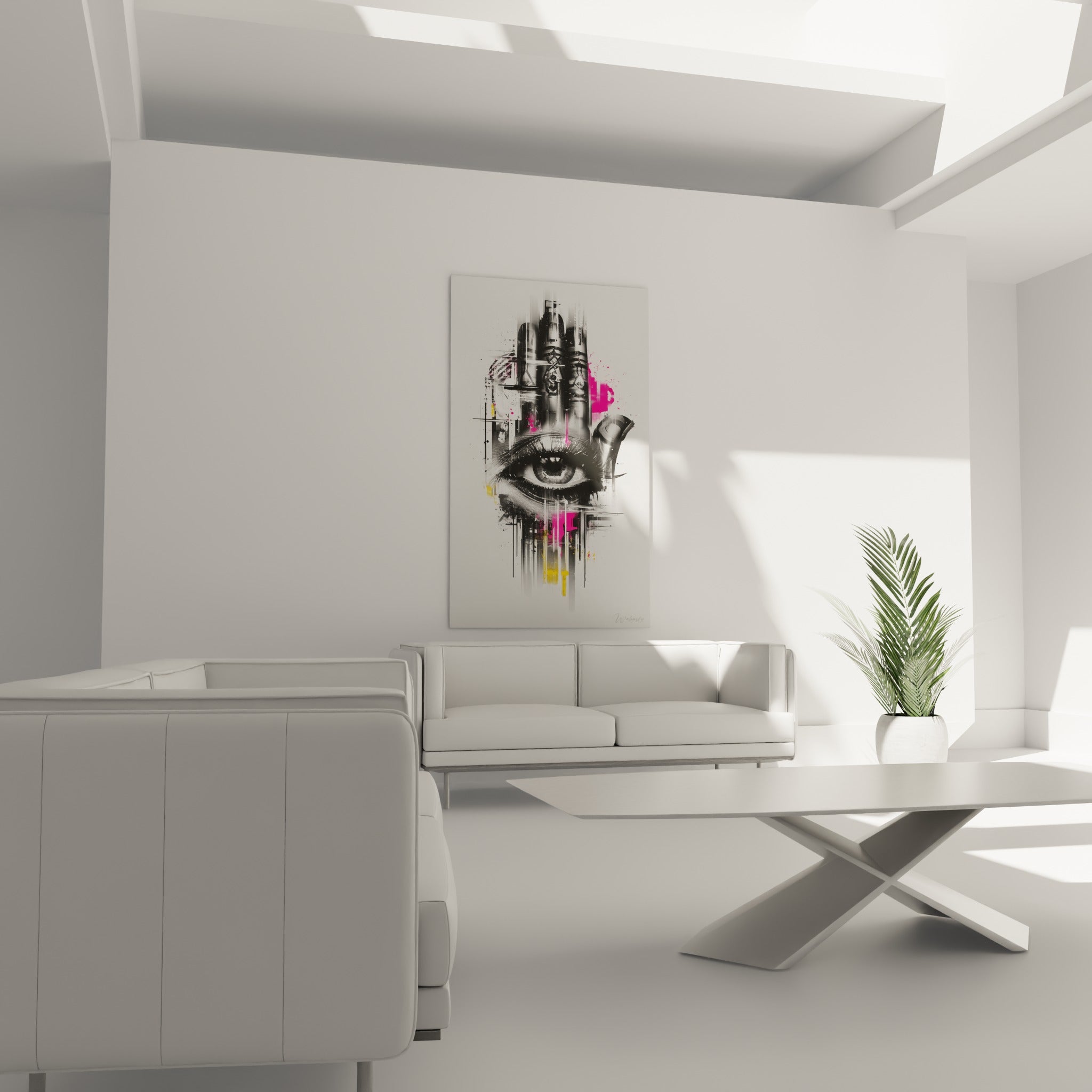 Motif graphique gris et doré de la main de fatma placé au-dessus d'un canapé dans un salon lumineux