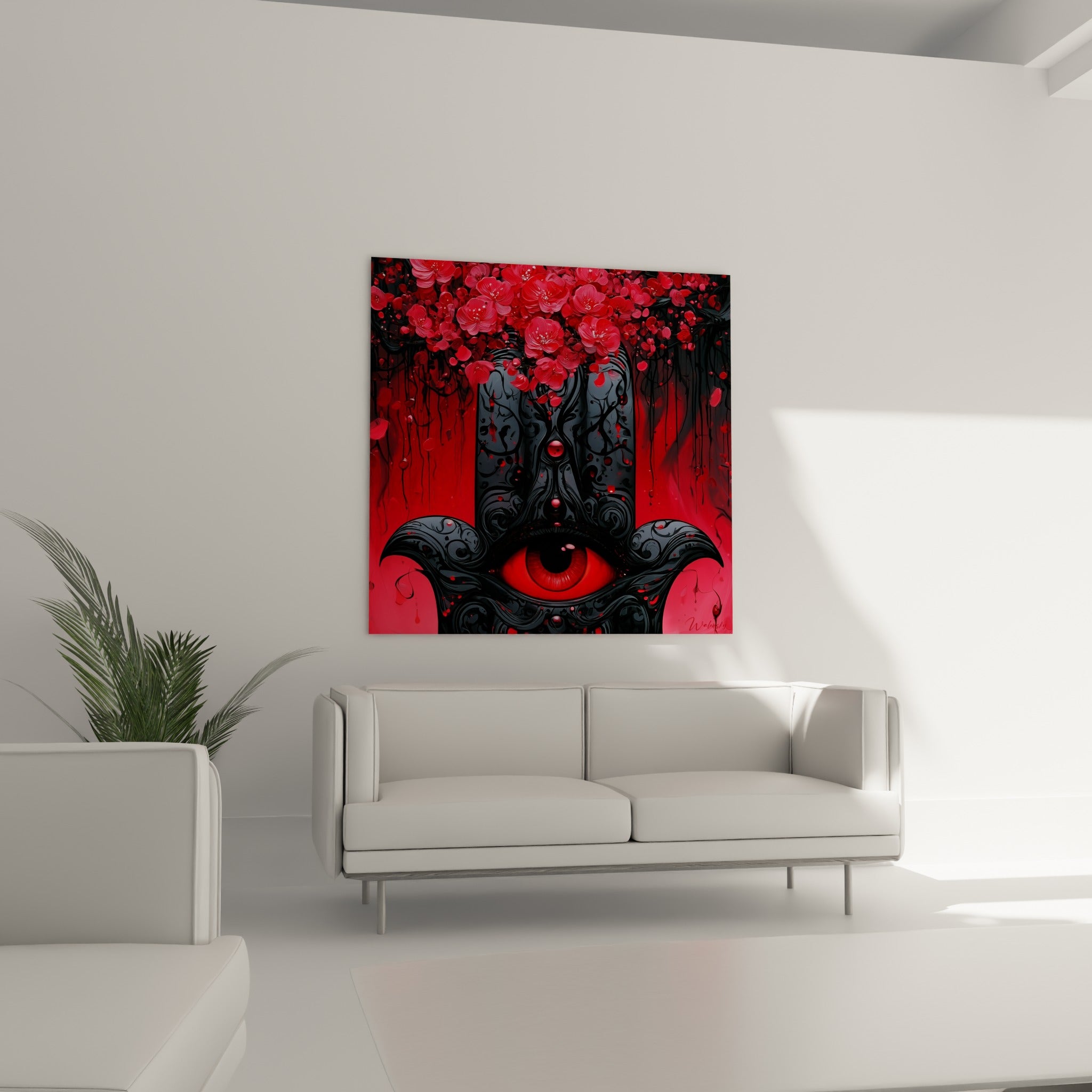 Œil rouge central d'une Main de fatma anthracite, disposée au-dessus d'un canapé dans un salon lumineux