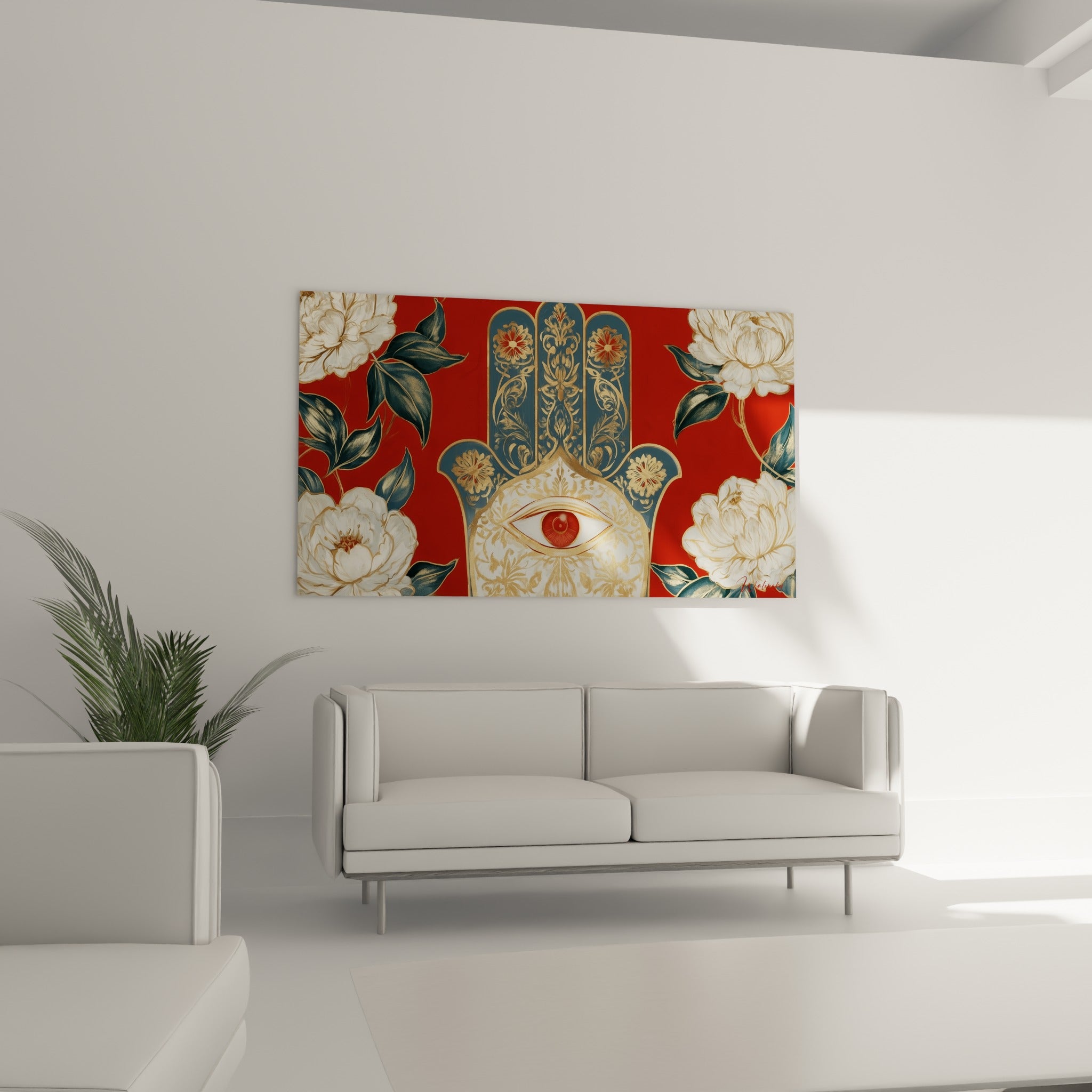 Paume ouverte rouge cramoisi aux motifs dorés fleuris, accrochée au-dessus d'un canapé dans un salon lumineux