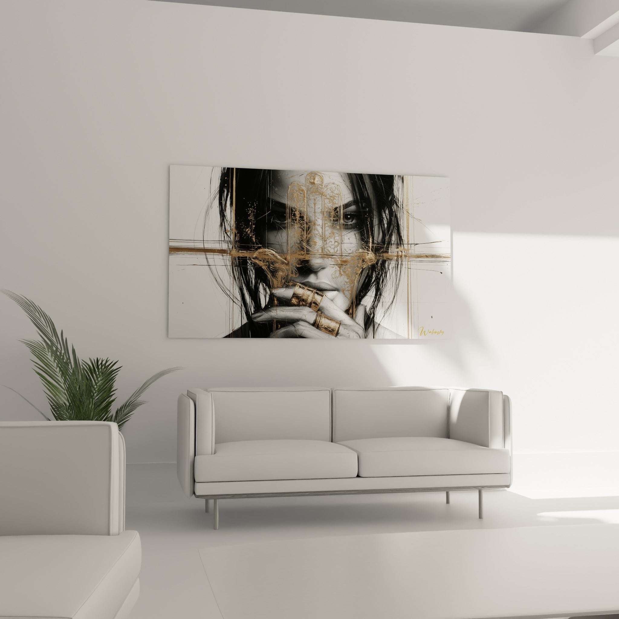 Femme aux cheveux sombres et main dorée ornée accrochée au-dessus d'un canapé dans un salon lumineux