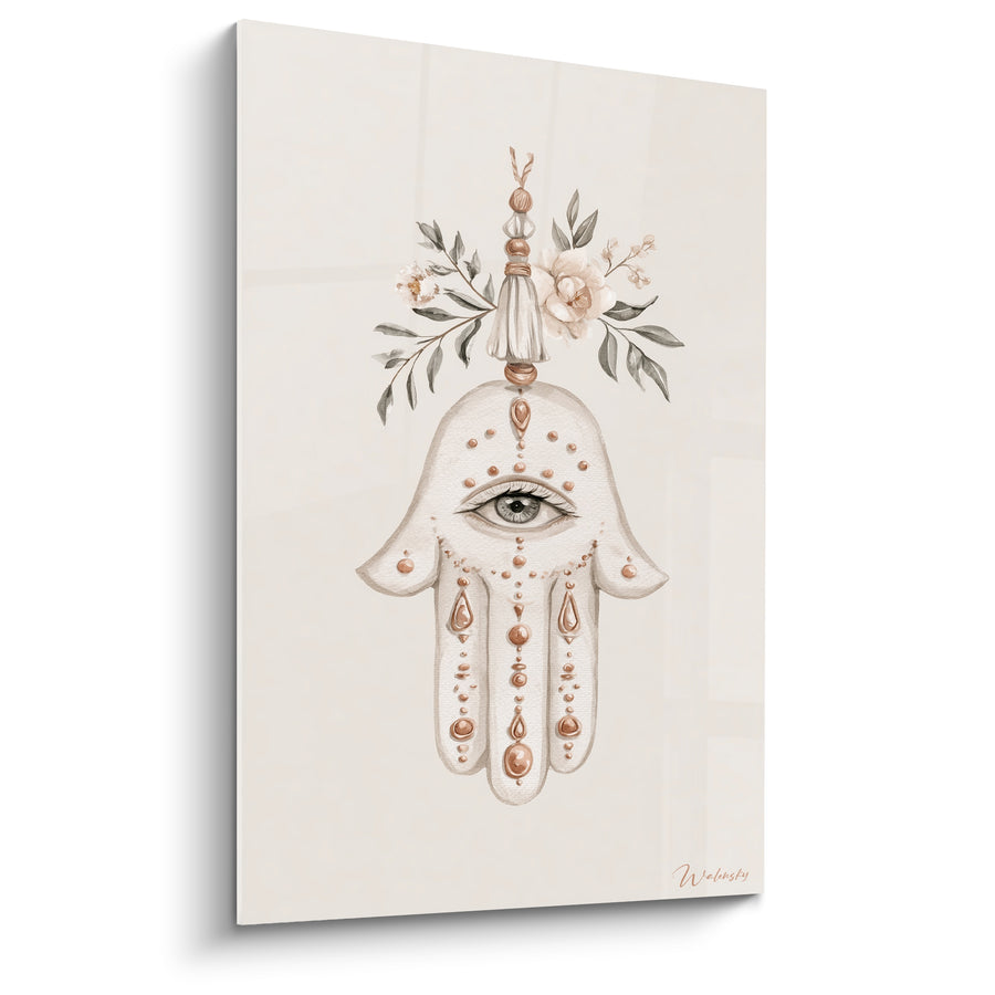 Fatma Hand Beige and Copper with Pastel Flowers Painting - Delicate Suspended Pompon - Fatma Hand Edition