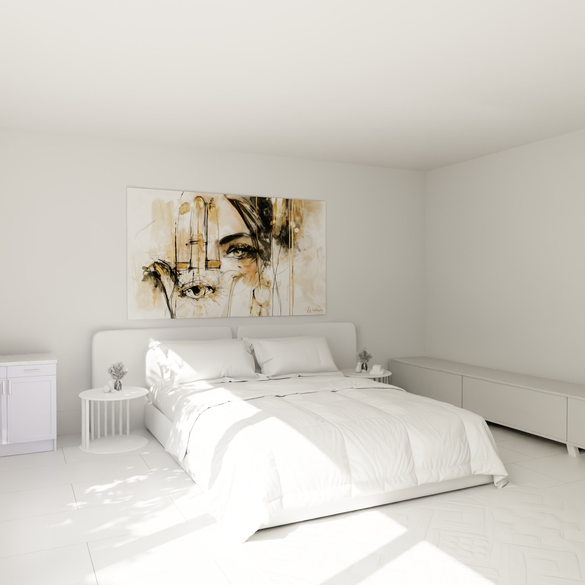 Portrait esquissé et main dorée symbolique accrochés au-dessus d'un lit dans une chambre claire