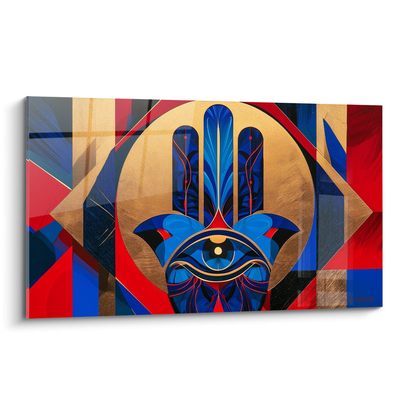 Tableau Main de fatma bleue et dorée aux losanges géométriques - Fond cubiste rouge - Edition Main de fatma