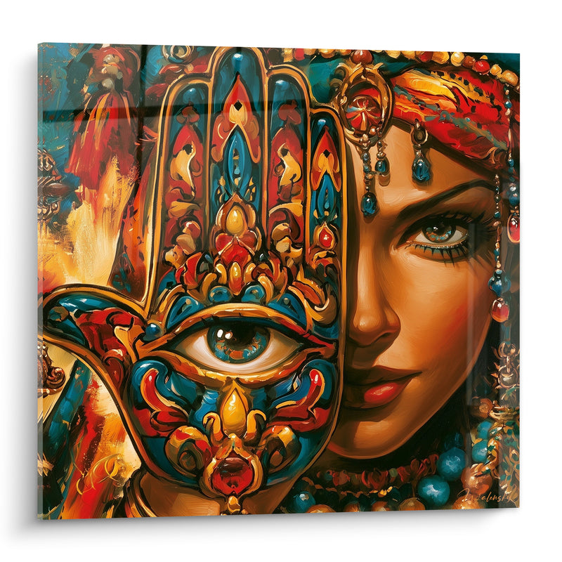 Tableau Main de fatma ornée bleu et doré - Regard voilé de secrets - Edition Main de fatma