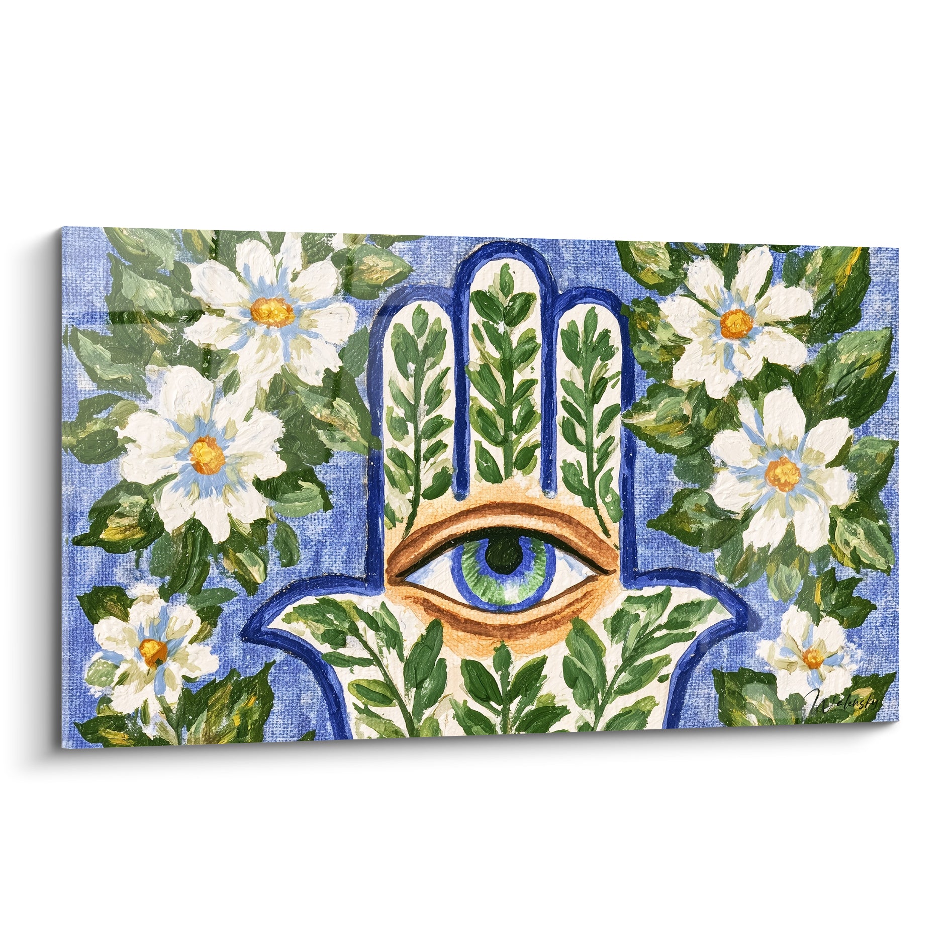 Main de fatma bleue et blanche entourée de fleurs, œil vert et ocre au centre de la paume