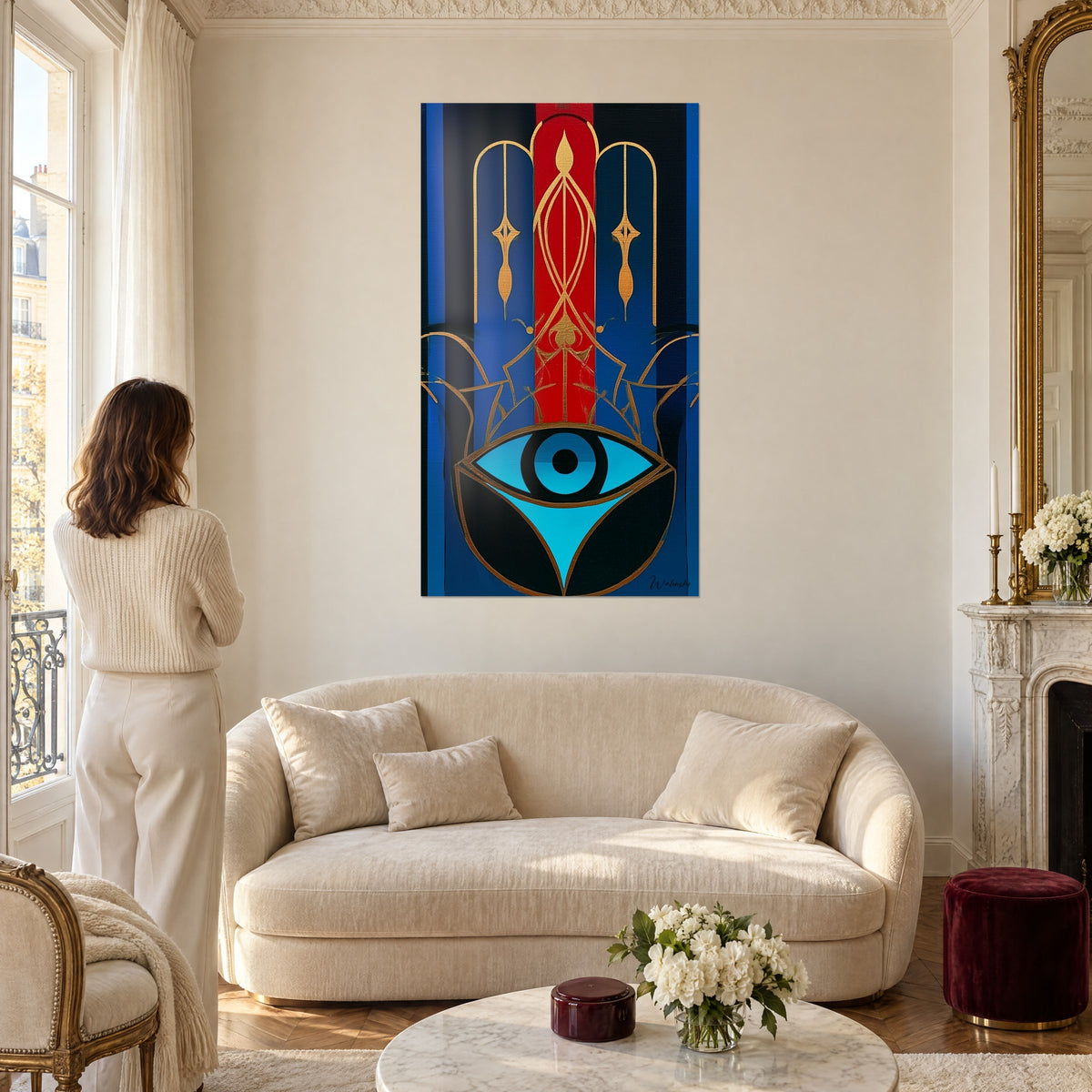 Cuadro mano de Fátima estilizada, cinta roja y líneas doradas sobre fondo azul noche, encima de un sofá en un salón luminoso