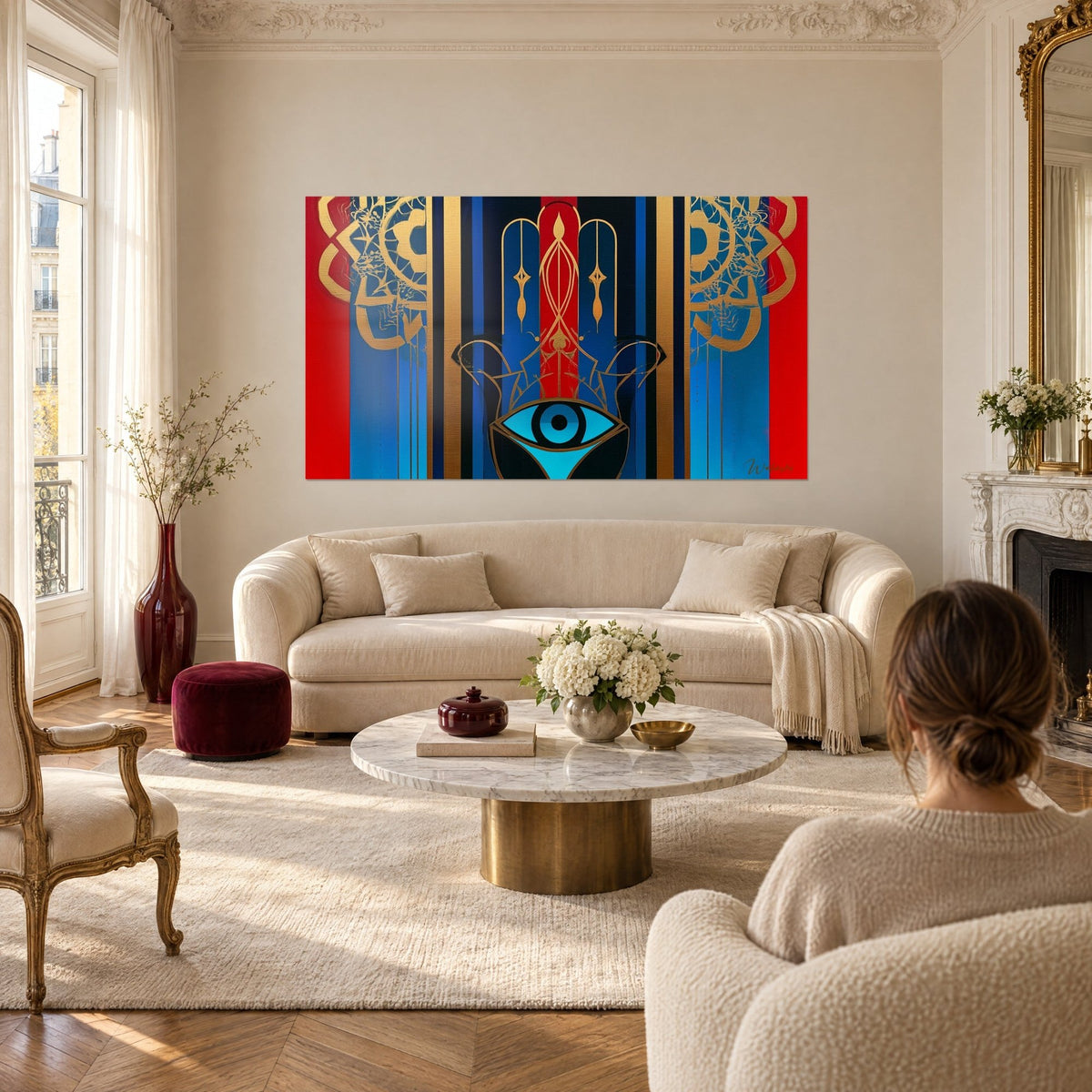 Tableau main de Fatma dorée sur bandes rouges et bleues, œil turquoise cerclé de noir, au-dessus d'un canapé dans un salon lumineux