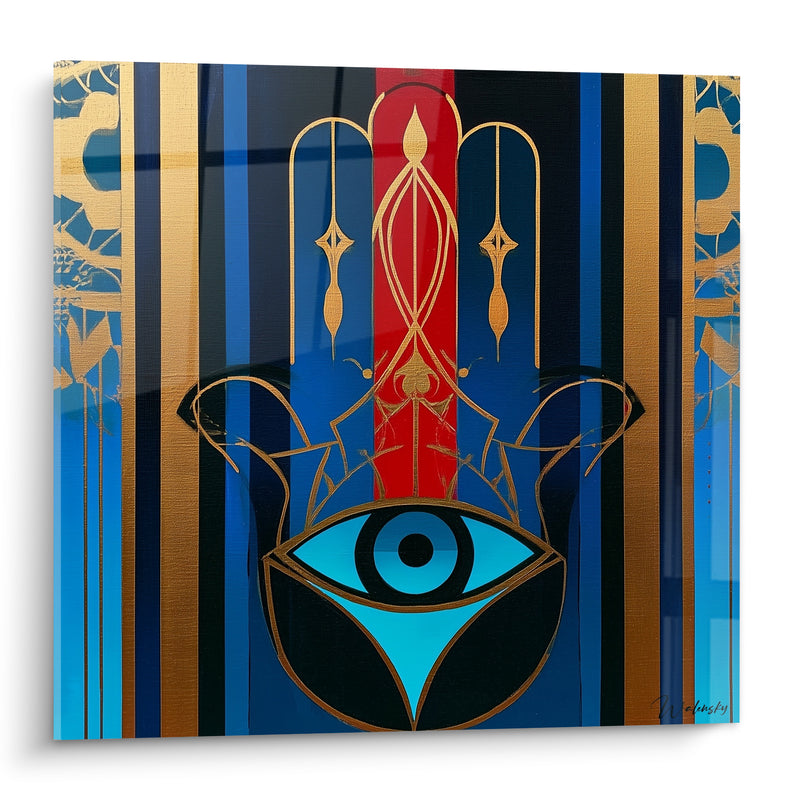 Tableau Main de fatma bleue et rouge à rayures dorées - Œil turquoise cerclé noir - Edition Main de fatma