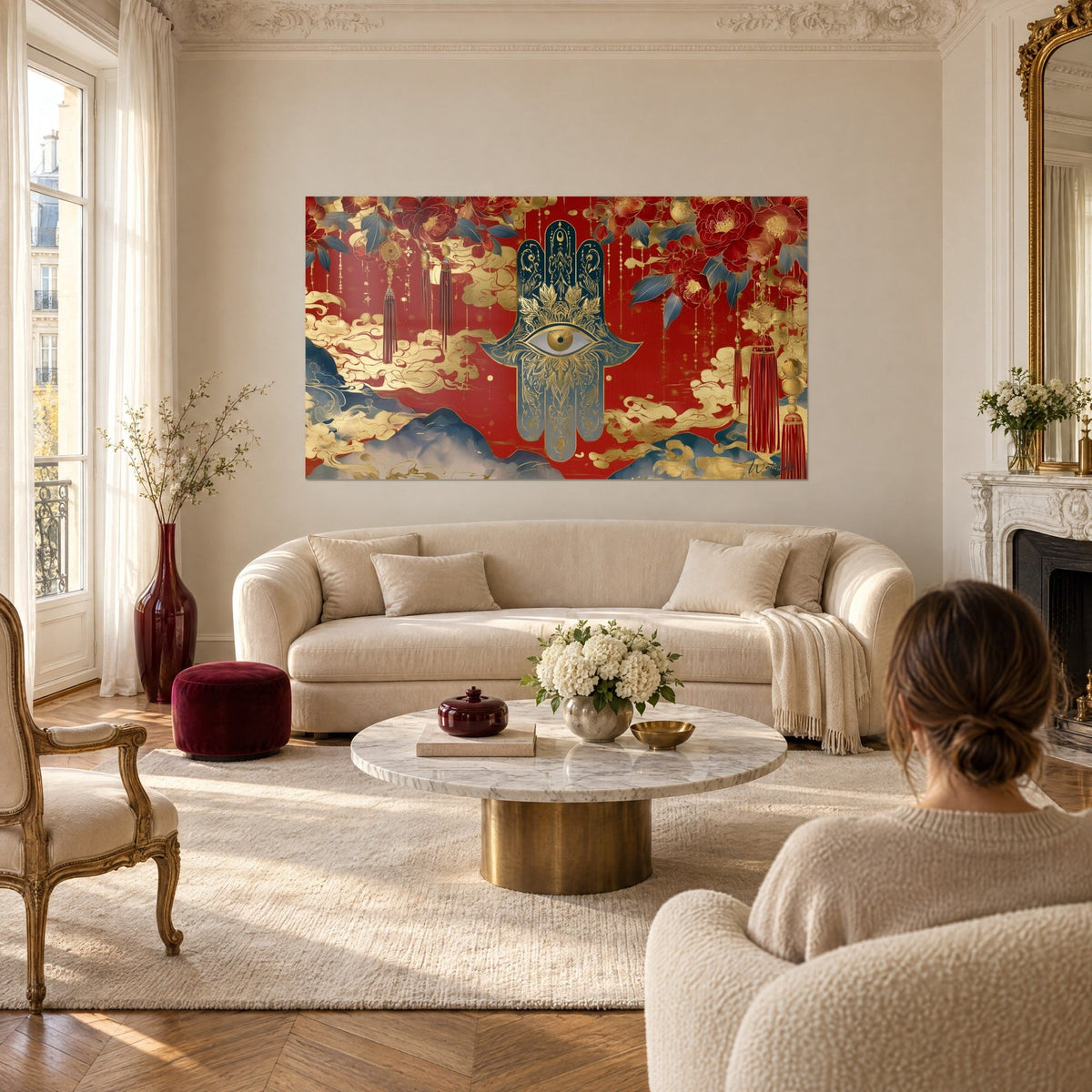 Tableau main de Fatma bleu marine à l'œil doré, fond rouge carmin, nuages d'or, femme de dos au-dessus d'un canapé dans un salon lumineux