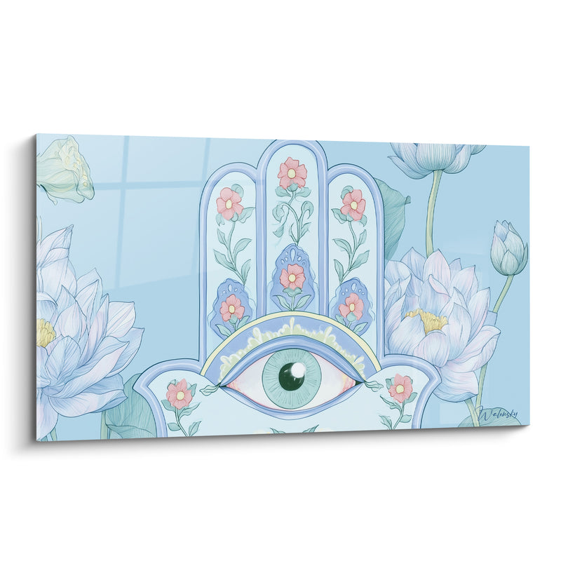 Tableau Main de fatma bleu pastel aux nénuphars fleuris - Œil vert amande - Edition Main de fatma
