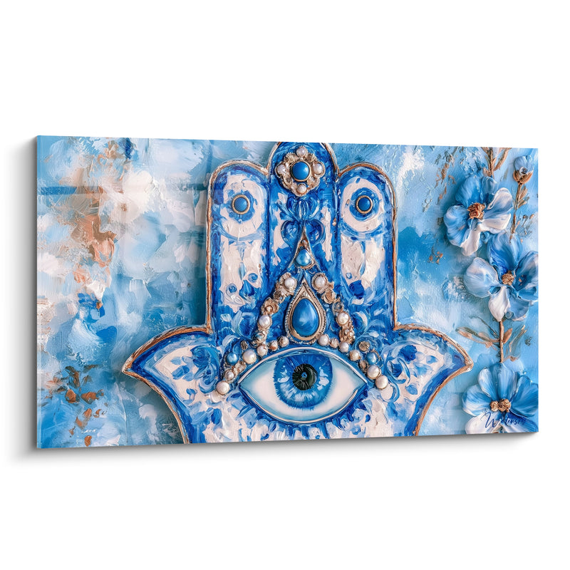 Tableau Main de fatma bleue et blanche aux perles nacrées - Fleurs en relief - Edition Main de fatma