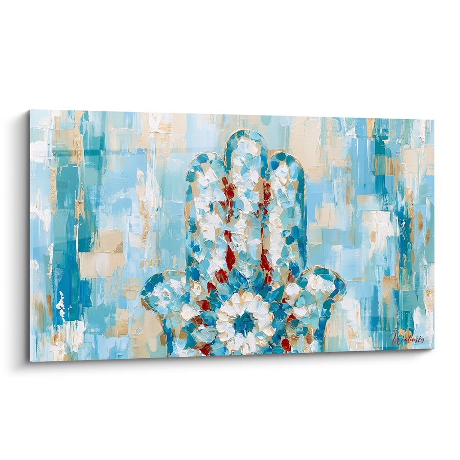 Fatma Hand Turquoise and White Table with Central Flower - Textured Spatula Impasto - Fatma Hand Edition