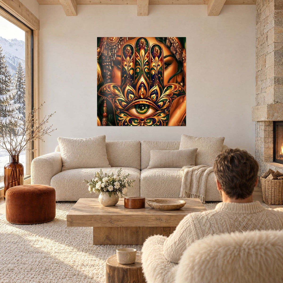 Tableau talisman hamsa doré aux arabesques vertes et rouges, œil vert central, deux personnes de dos, au-dessus d'un canapé dans un salon lumineux