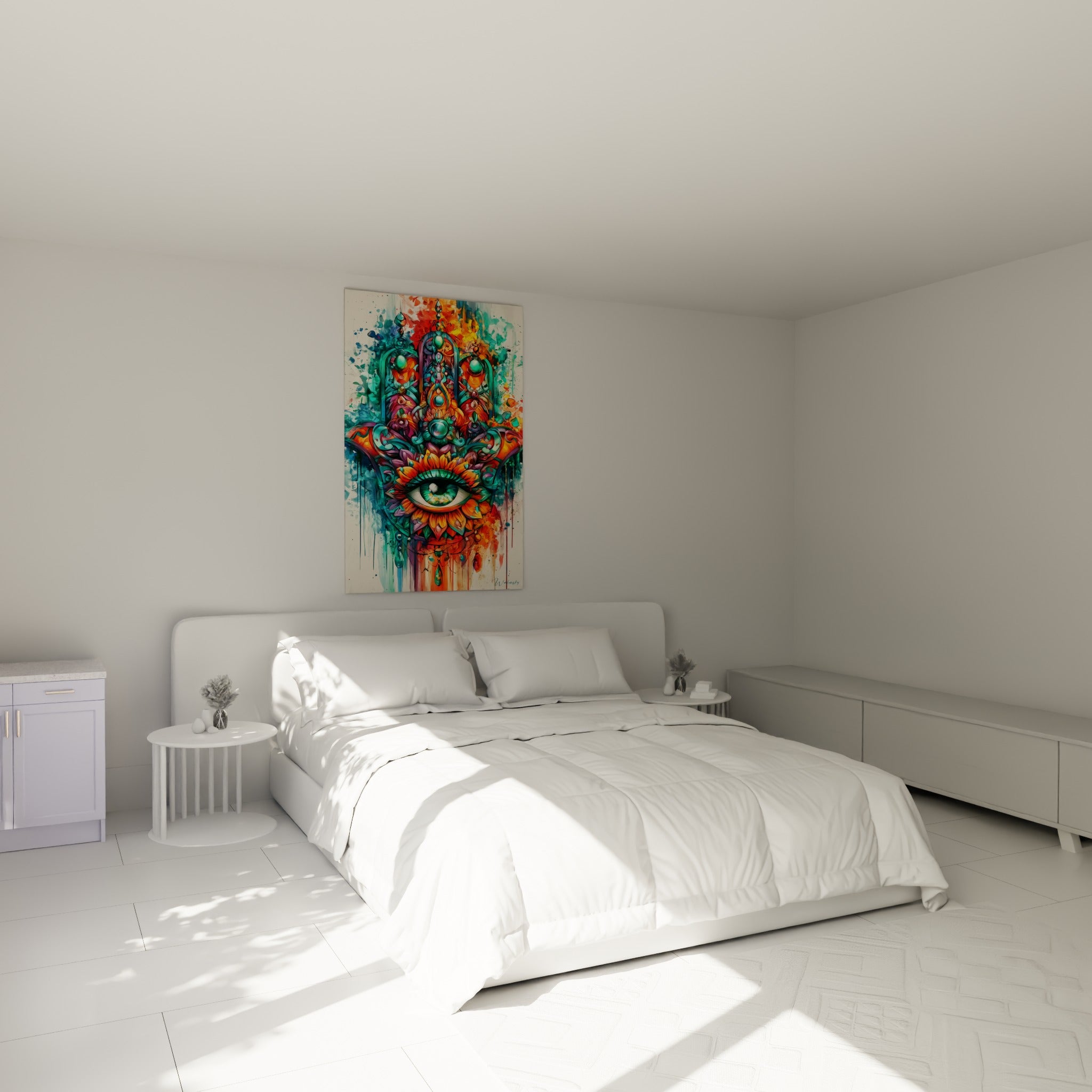 Symbole protecteur turquoise et corail à l'œil vert accroché au-dessus d'un lit dans une chambre claire