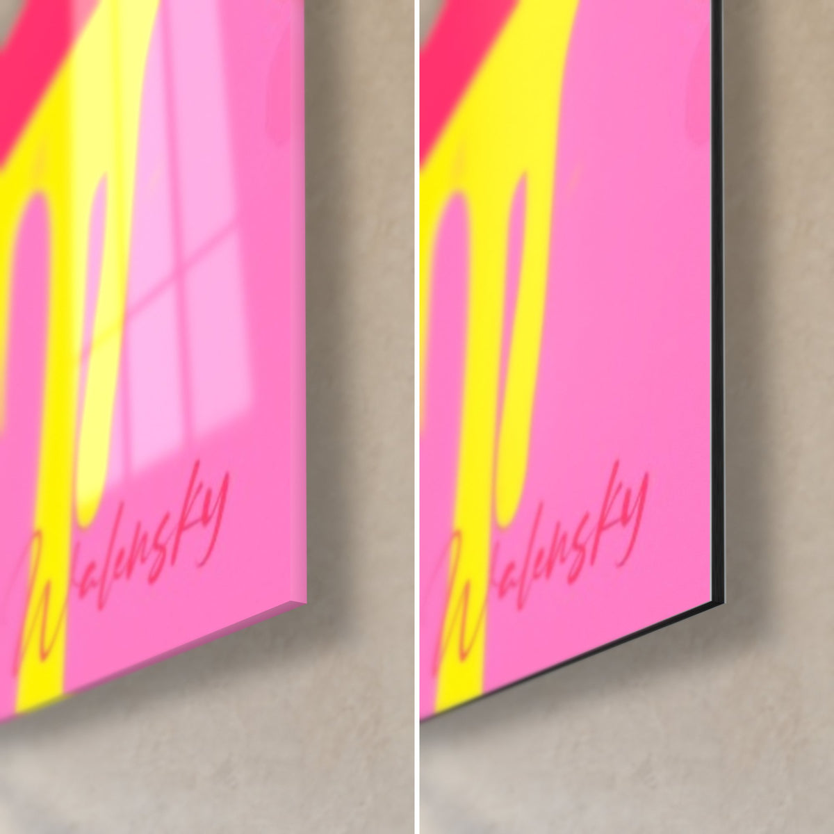 Tableau talisman rose et jaune, coin bas droit : verre acrylique brillant à gauche, alu Dibond mat à droite, tranche noire de 3 mm