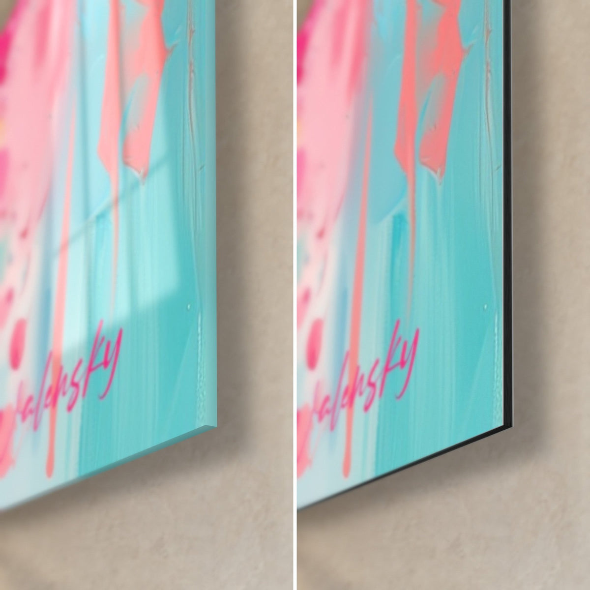 Tableau mains de fatma aux coulures turquoise et corail, coin bas droit signé Walensky, verre brillant à gauche et Dibond mat à droite