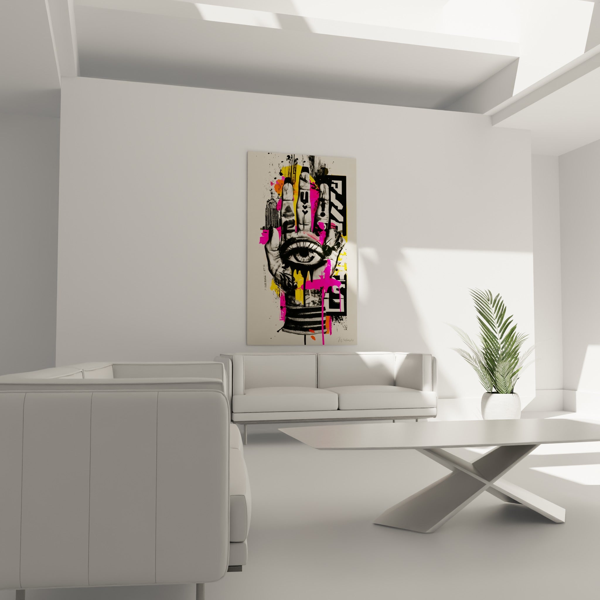 Doigts levés couverts de coulures roses et jaunes, œuvre suspendue au-dessus d'un canapé dans un salon lumineux