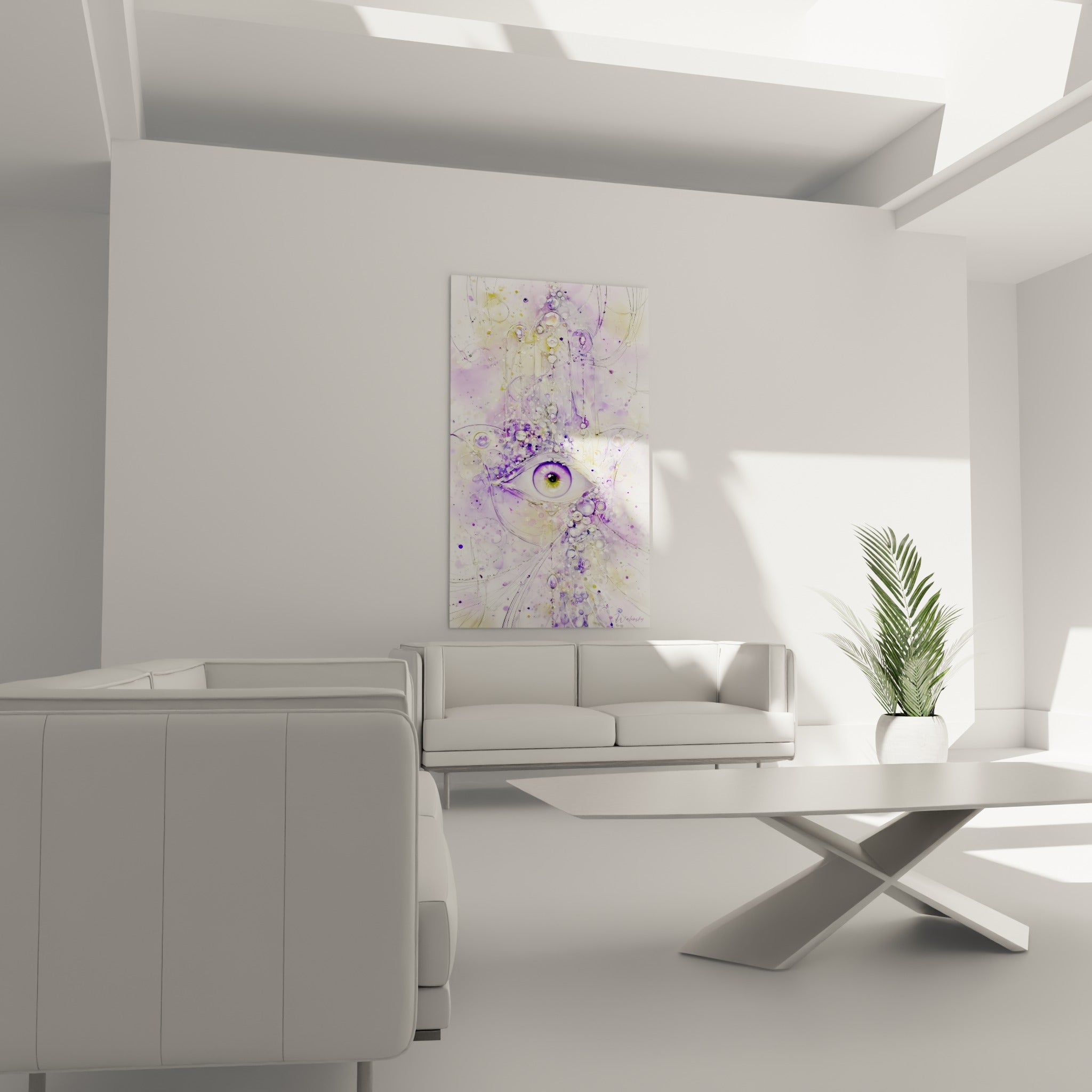 Regard mauve et vert olive cerné de gouttes de cristal, disposé au-dessus d'un canapé dans un salon lumineux